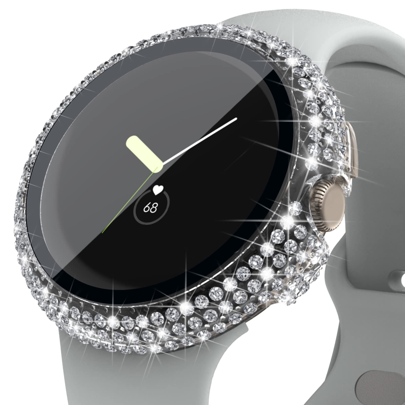 Wugongyan Case Compatible with Google Pixel Watch Screen Protector Case Hard PC Full Bling Rhinestone All-Around Protective Cover Built-in Tempered Glass Film Accessories (Clear)