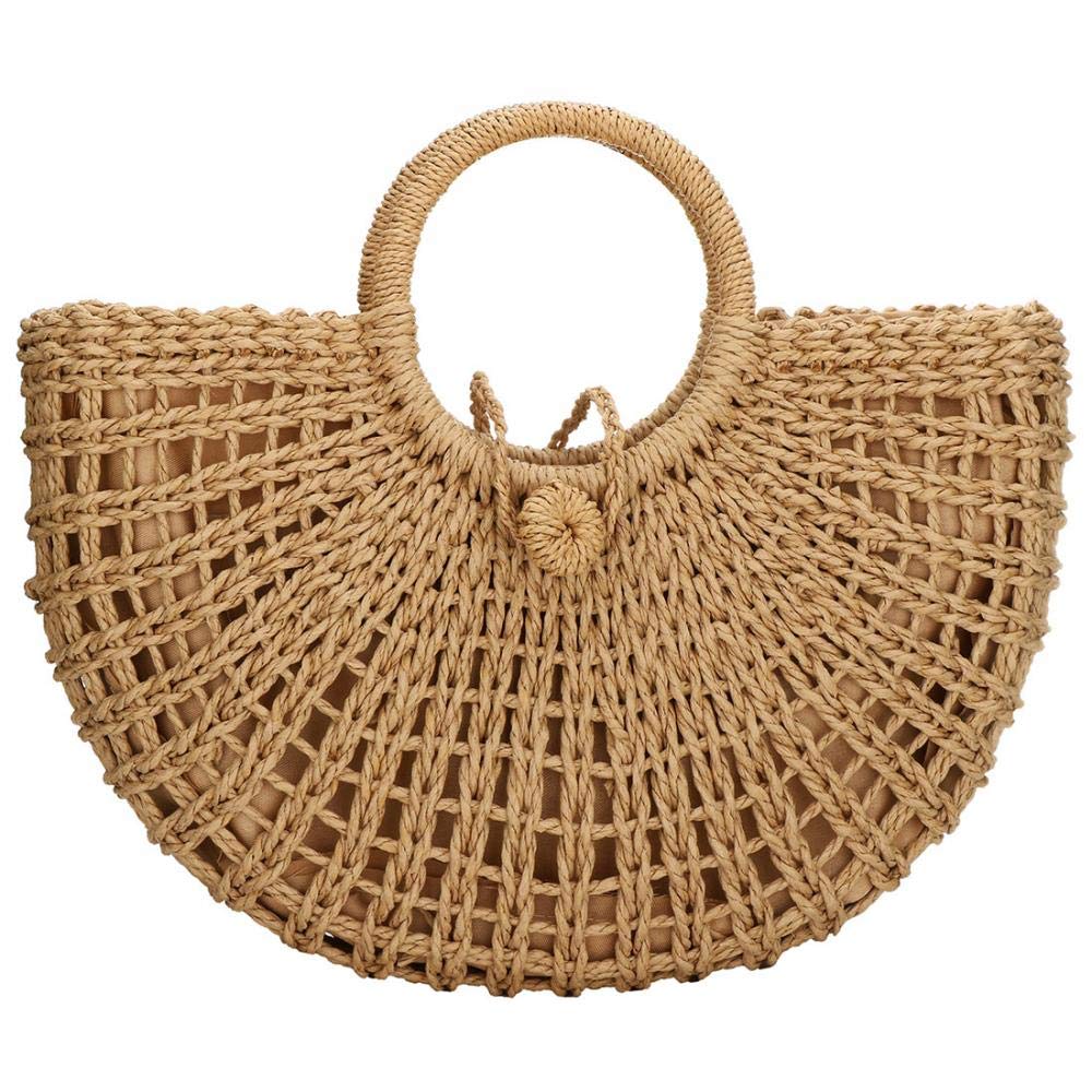 Straw Bags for Women,Hand-woven Straw Top-handle Bag with Round Ring Handle Summer Beach Rattan Tote Handbag
