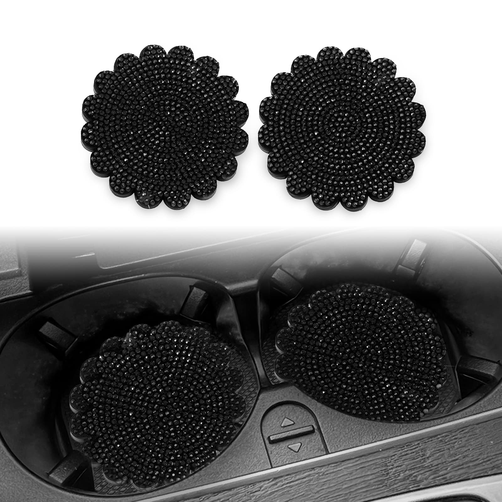 Dewkou 2 PCS Bling Car Cup Holder Coasters, 2.75In Universal Anti Slip Fashion Vehicle Car Flower Coasters Insert Crystal Rhinestone Car Interior Accessories for Women (Black)