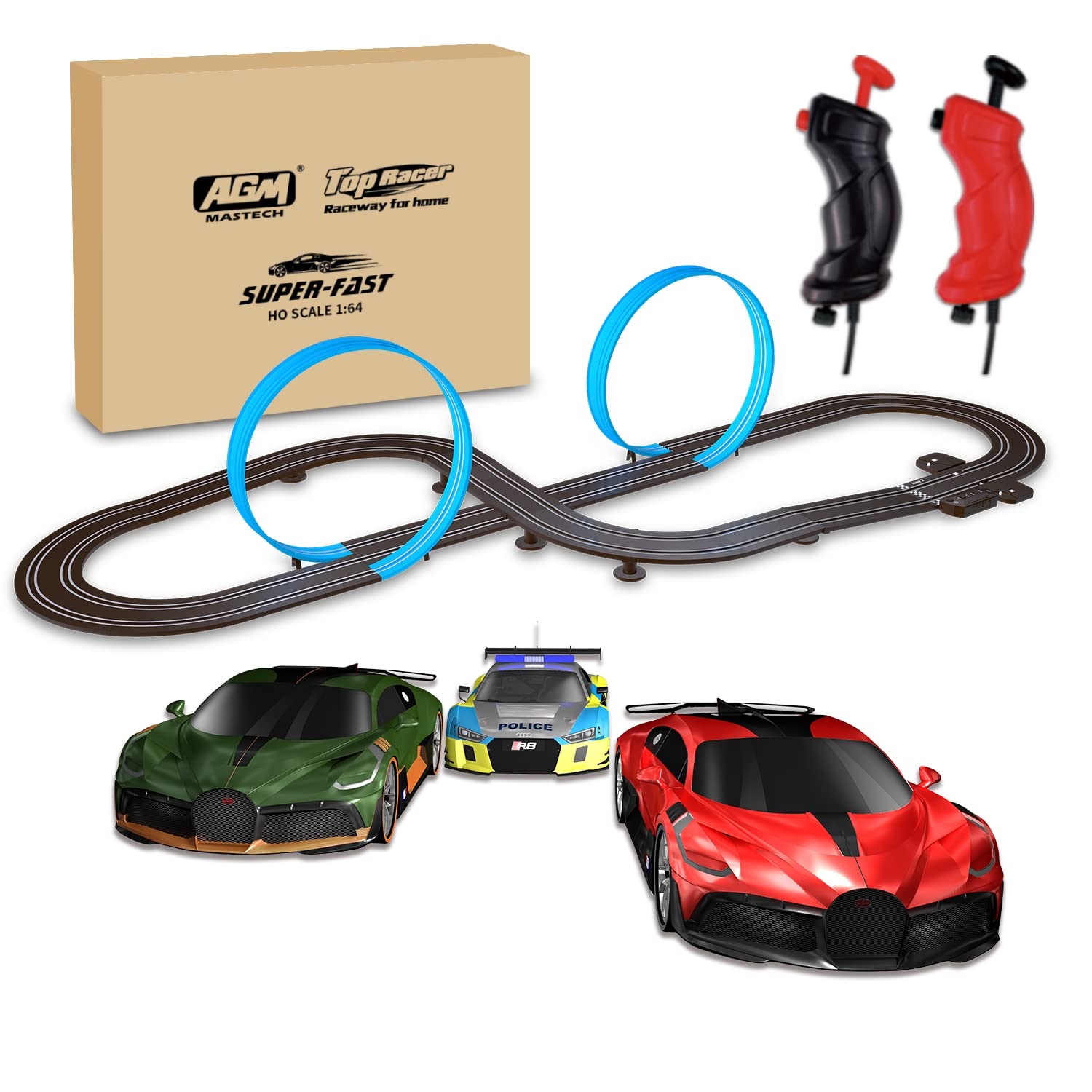 AGM MASETCH High-Speed Series Slot car Dual Race Track Set MR-09L 1:64 Scale with 3 Cars & Lap Counter.