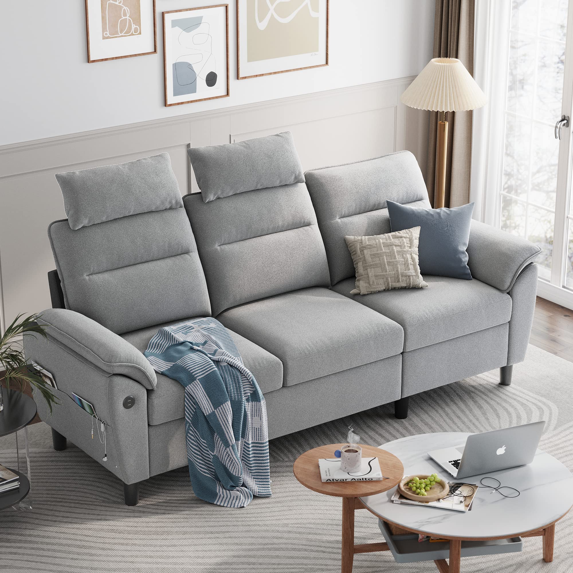LINSY HOME Sectional Sofa Couch, 3 Seat Small Couch with 2 USB Ports and Storage Pockets, Easy to Clean, Modern Small Sofa for Small Spaces, Living Room, Apartment, Gray