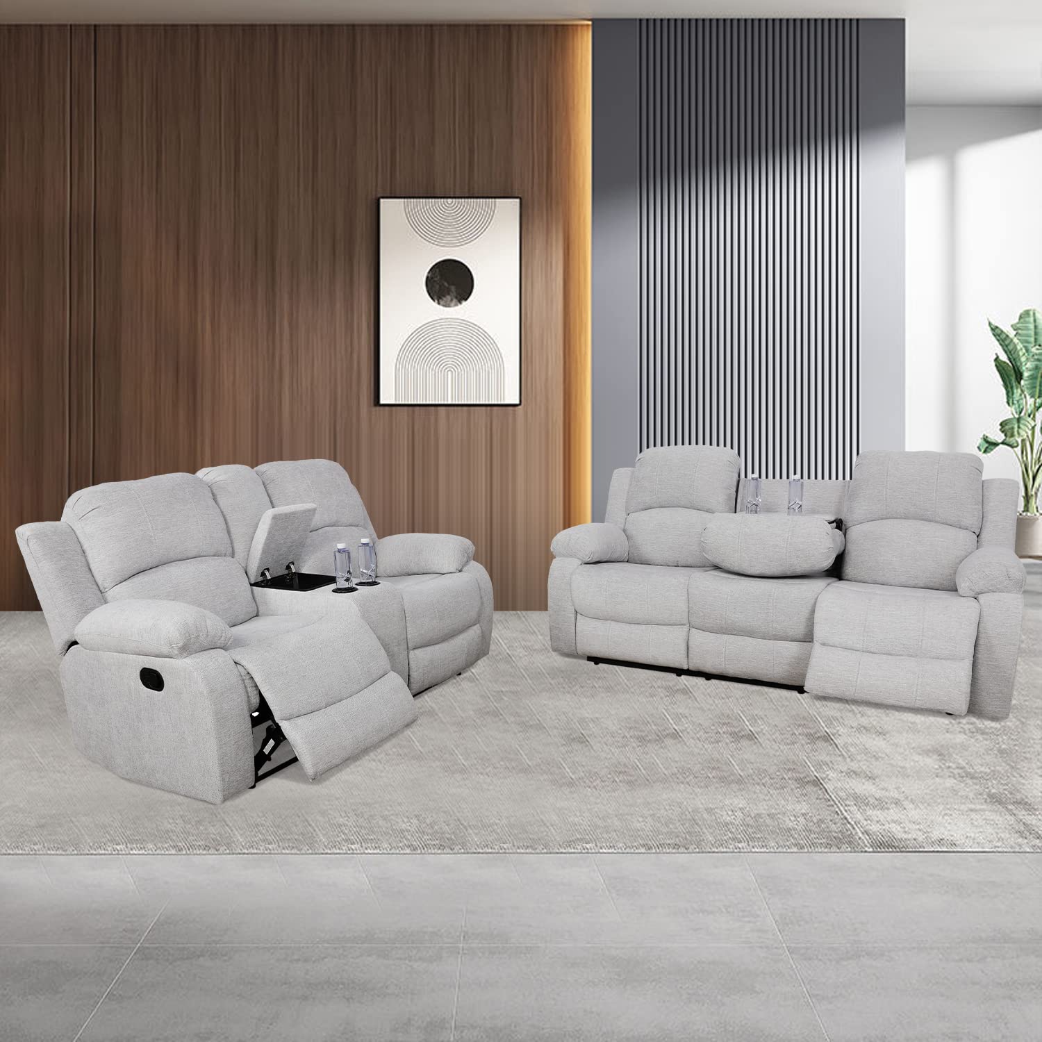 SIENWIEY Living Room Sectional Sofa Set, Linen Reclining Sofa Loveseat Couch and Lounge Chair 3 Pieces for Living Room(Grey Linen,Sofa+Loveseat)