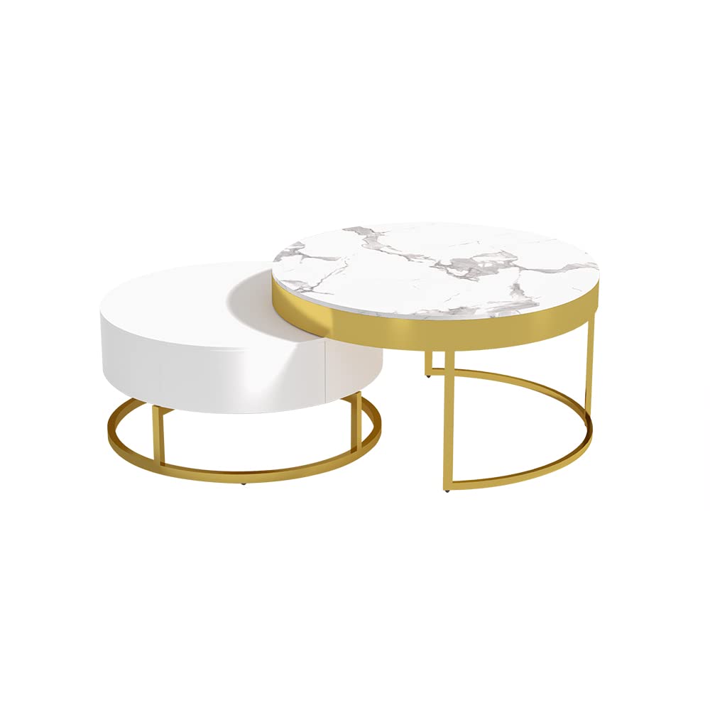 homary White Round Coffee Table with Storage White Faux Marble Nesting Coffee Table with Rotatable Drawers