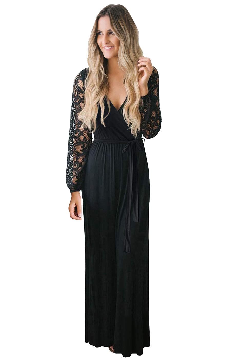 Womens Vintage Floral Lace Long Sleeve Faux Wrap V Neck Party Long Maxi Dress