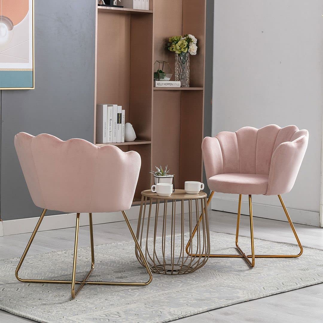 Set of 2 Modern Velvet Accent Chair, Comfy Cute Upholstered Vanity Desk Chair w/Metal Legs, Soft Velvet Cushion, Decorative Mid Century Single Sofa Armchair for Living Room, Bedroom Pink