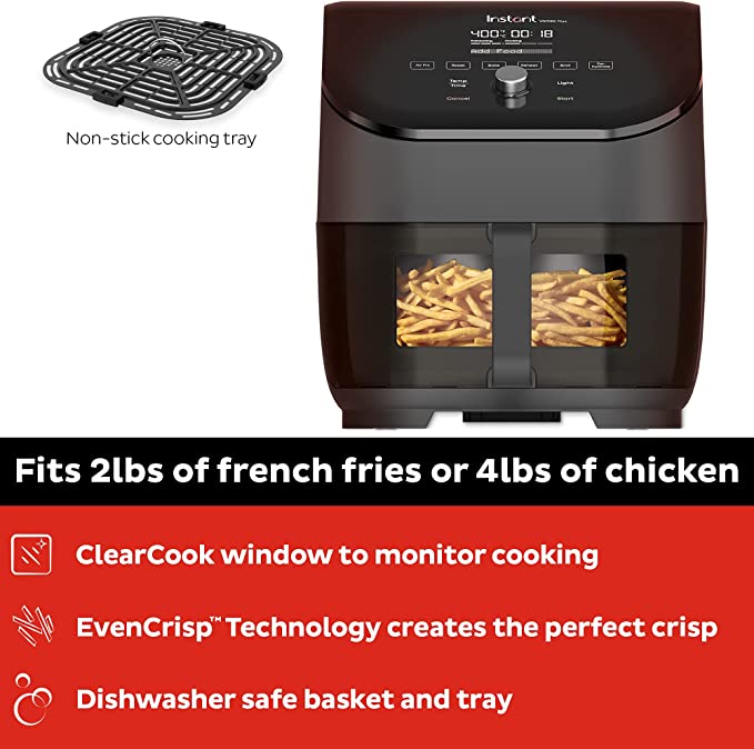 Instant Vortex Plus 6-Quart Air Fryer Oven, From the Makers of Instant Pot with ClearCook Cooking Window, Digital Touchscreen, App with over 100 Recipes, Single Basket, Black