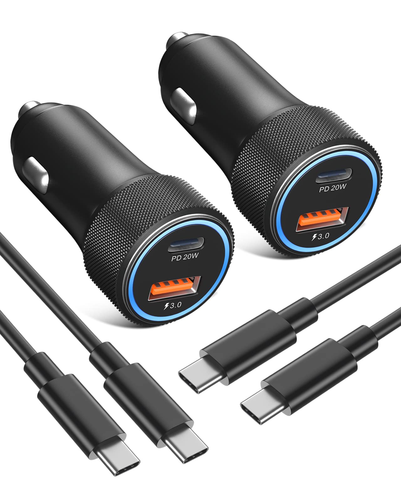 USB C Car Charger 2-Pack, Eversame 36W PD3.0 & QC3.0 Dual USB Fast Car Charger Adapter for Samsung Galaxy S22/S21/Google Pixel 6/iPhone 14/14 Pro Max/14 Pro/14 Plus/13/12/iPad Pro-6FT C-C Cable-Black