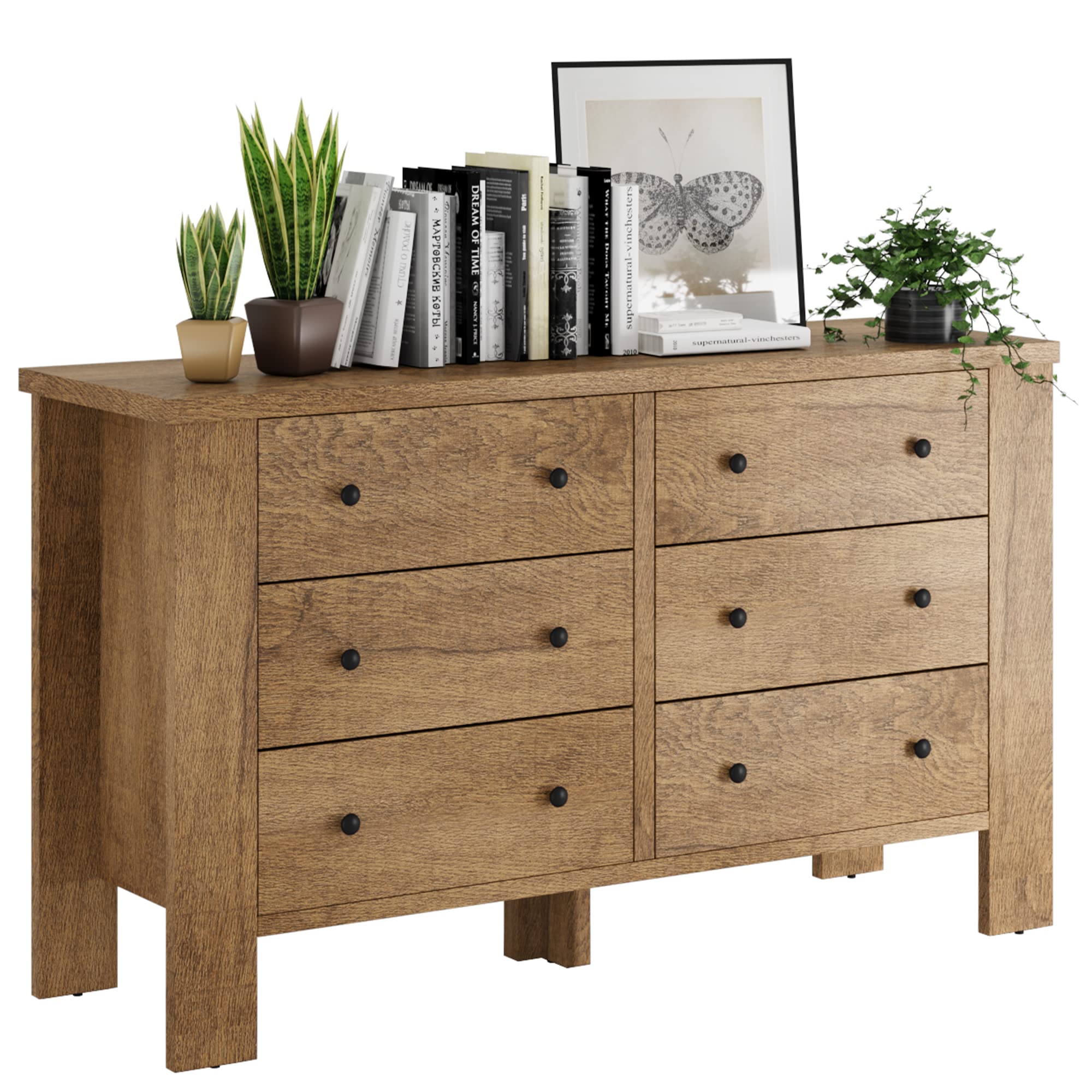 Senfot Drawer Chest Dresser Nightstand Organizers Small Wood Bedroom Furniture with 6 Drawers and Metal Round Shape Handle for Living Room and Bedroom in Light Brown