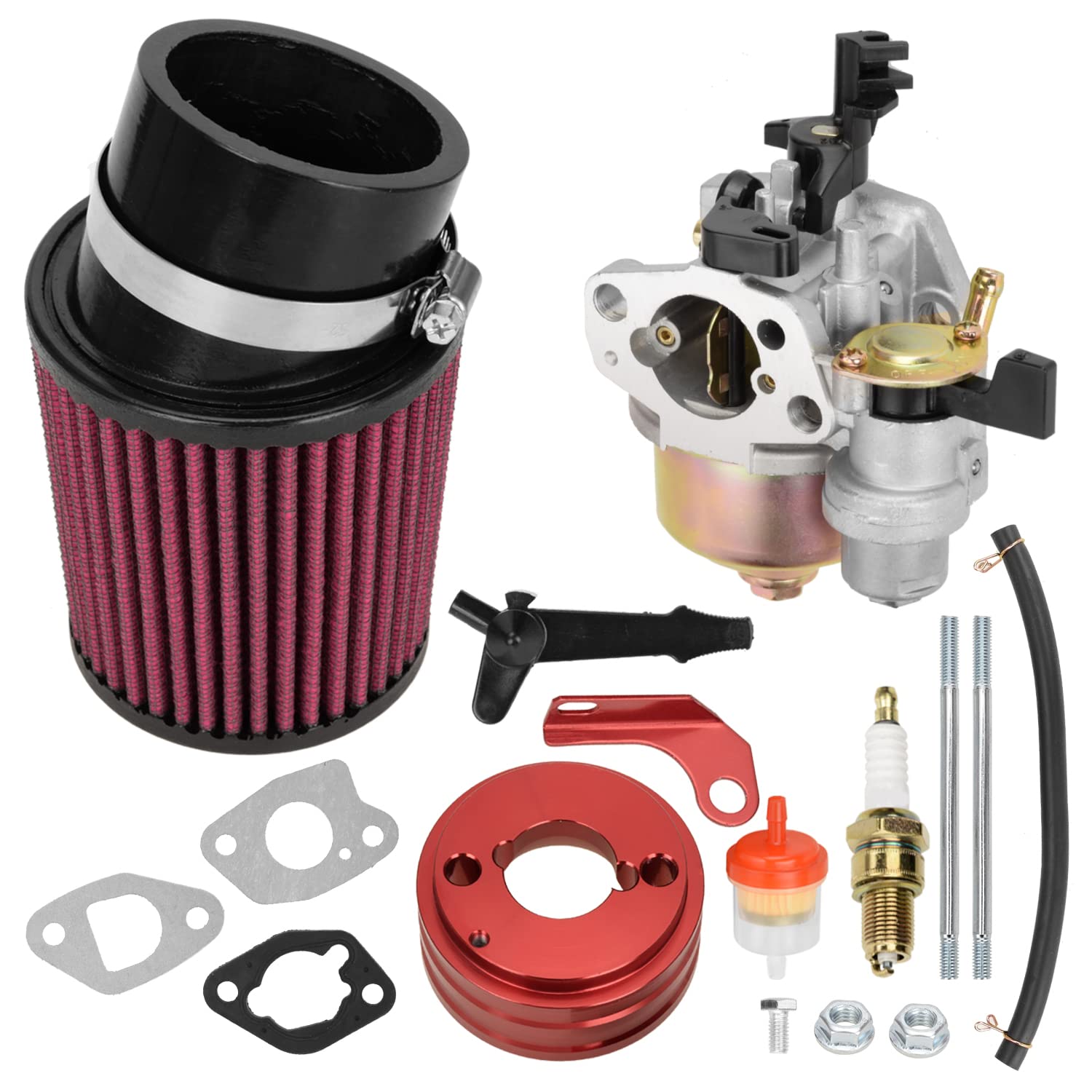 FVRITO High Performance Upgraded Carburetor Air Filter adapter Intake Spark Plug Kit for Predator 212cc 6.5 Hp Honda Gx160 Gx200 196cc Coleman CT200U Trail Engine Mini Bike Go Kart Racing Red