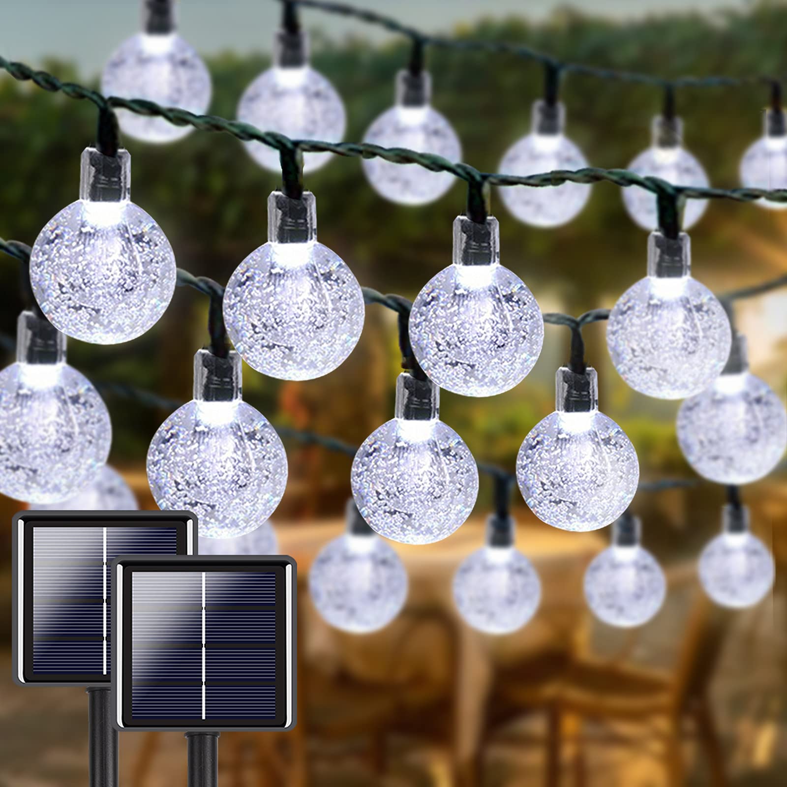 White 2-Pack 100 LED 64FT Crystal Globe Solar String Lights Outdoor, Waterproof Solar Lights Outdoor Decorative, 8 Lighting Modes Solar Powered Patio Lights for Garden Christmas Wedding Party (White)