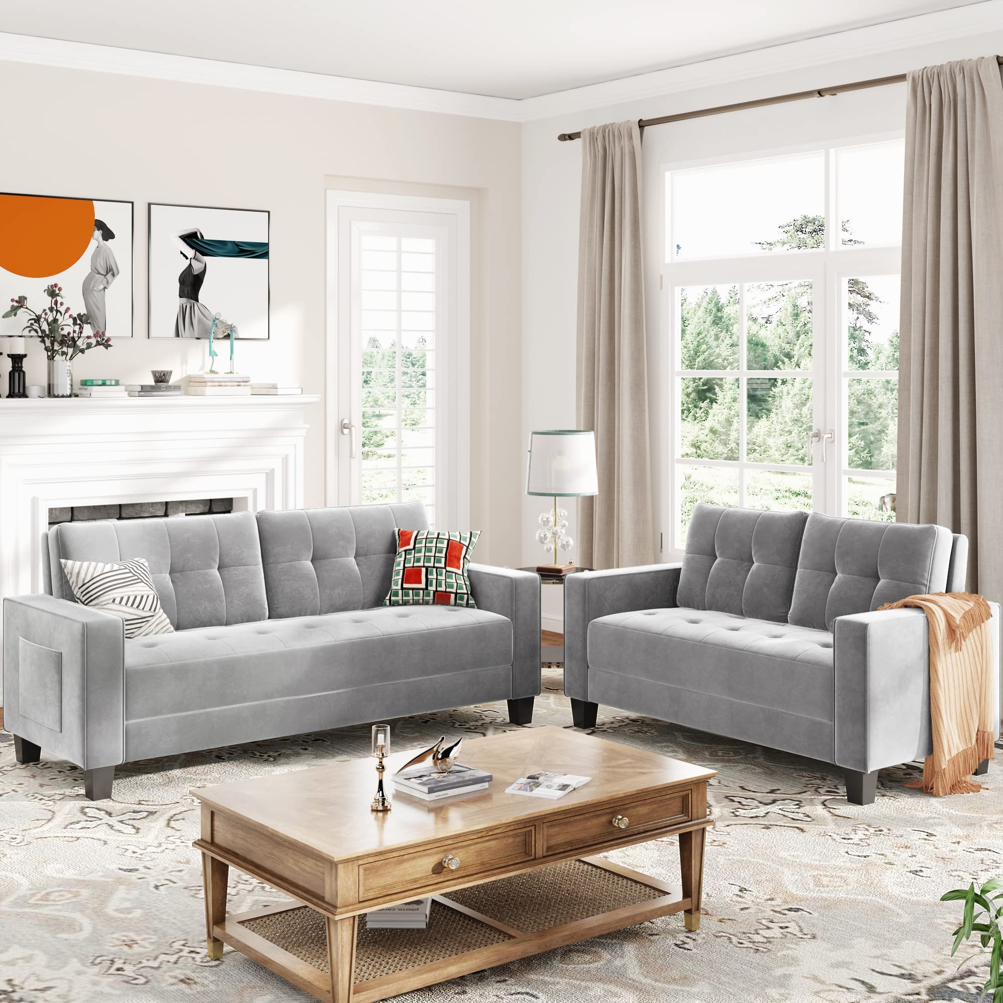Lifeand Modern Furniture Sectional Set,Couch for Living Room,Upholstered Loveseat and Three Sofa for Home or Office (2+3 Seat),Light Grey