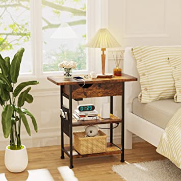          TARKARI Side Table end Table with Charging Station Living Room Narrow end Tables with Storage Bedside Table Flip Top Night Stand USB Ports and outlets Sofa Couch Table for Small Spaces       
