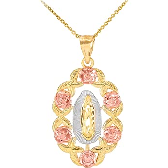          14k Tri-color Gold Our Lady of Guadalupe Miraculous Medal Pendant Necklace        