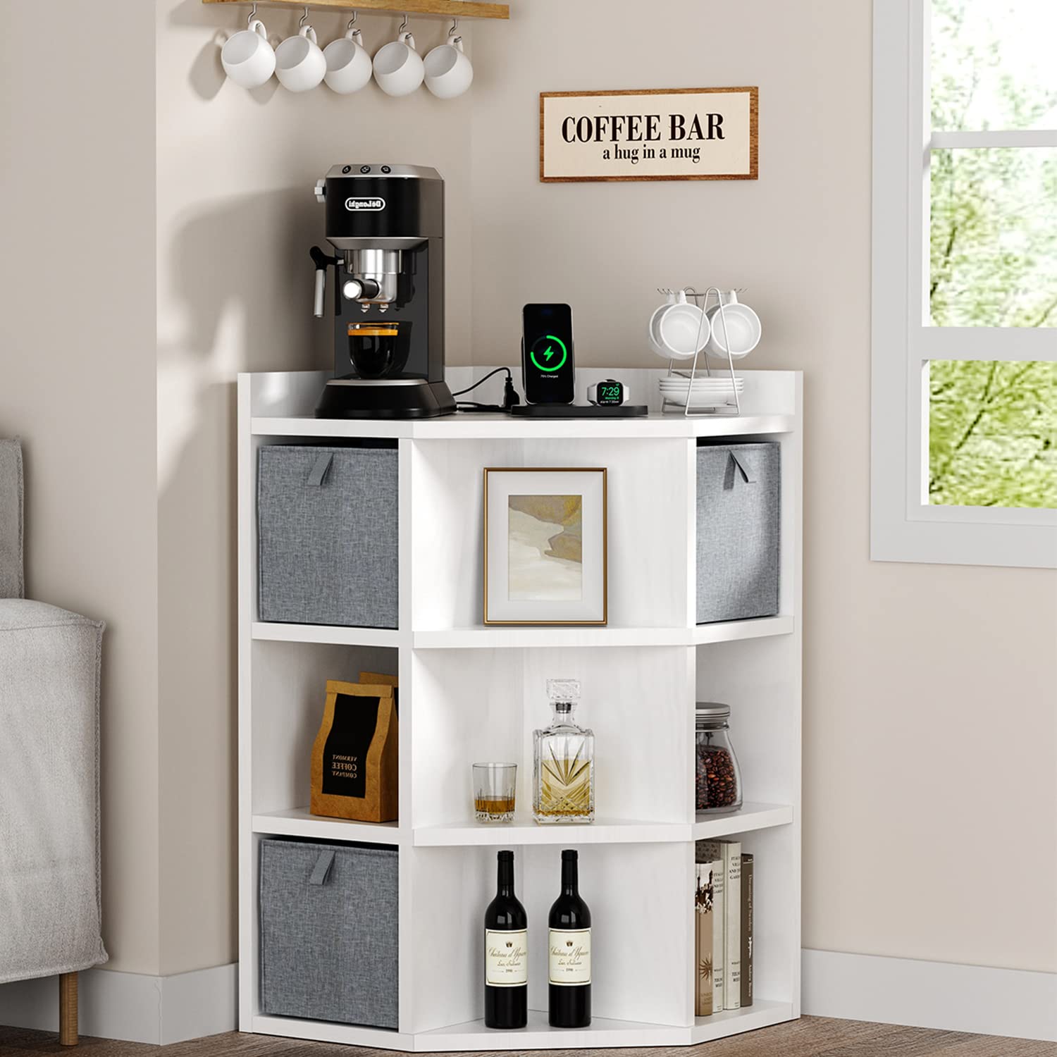 Coffee Bar Cabinet Corner Bar Cabinet with USB Ports and Outlets White Coffee bar Corner Bookshelf 9 Cubes Corner Cube Toy Storage with 3 Baskets for Playroom, Bedroom, Living Room, White