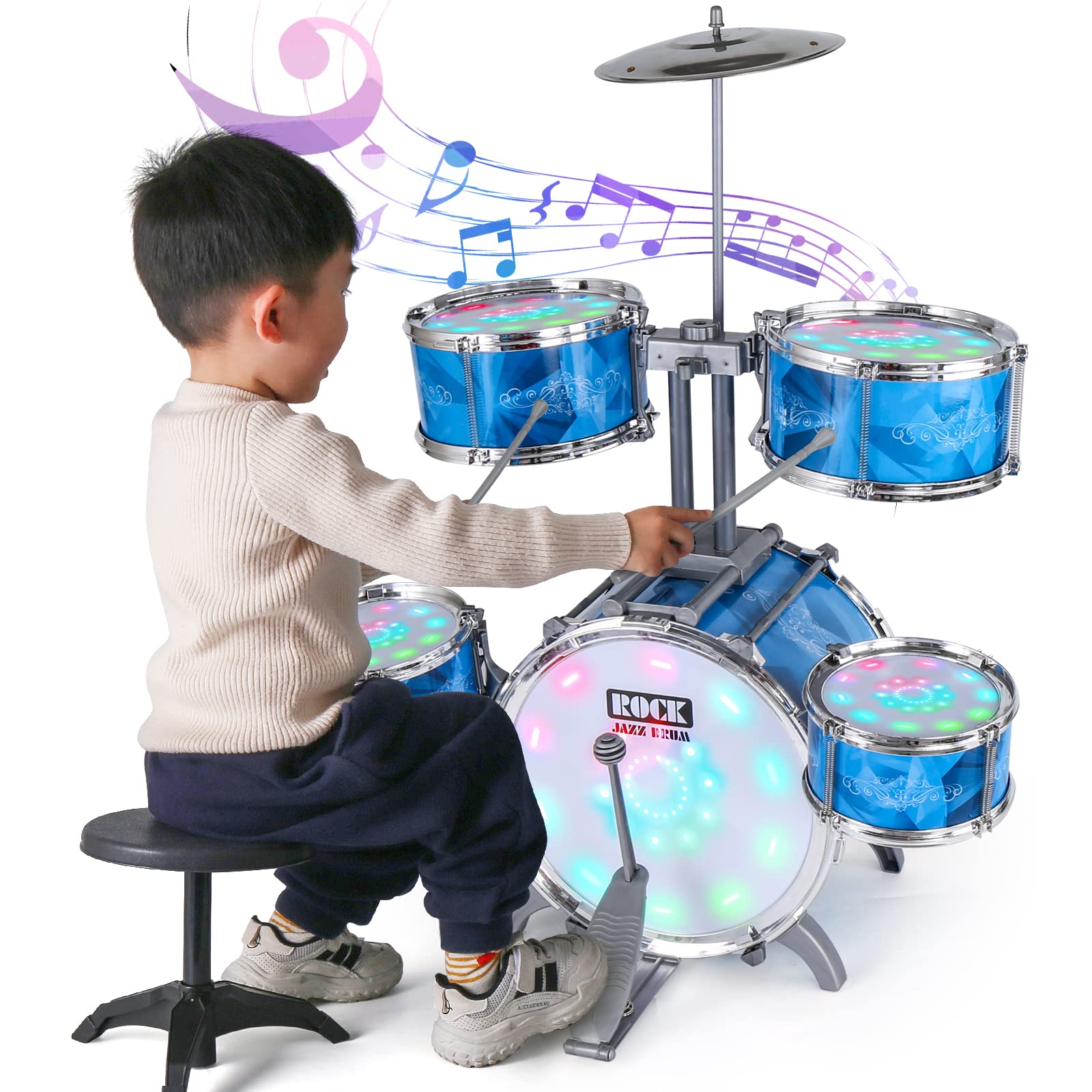 Kids Jazz Drum Set for Toddlers with 5 Drums & 5 Lights (Vibrating-Controlled) & 2 Drumsticks & Cymal Alloy & Chair, Toddler Baby Drum Set Toys for Aged 3+
