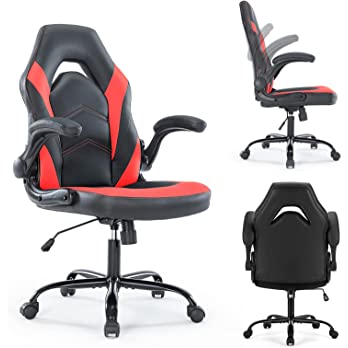          ZUNMOS PU Leather Office Flip-up Armrest with Soft Padded Height Adjustable Desk Computer Lumbar Support Swivel Chair for Gaming, Working, Studying, Black and Red        