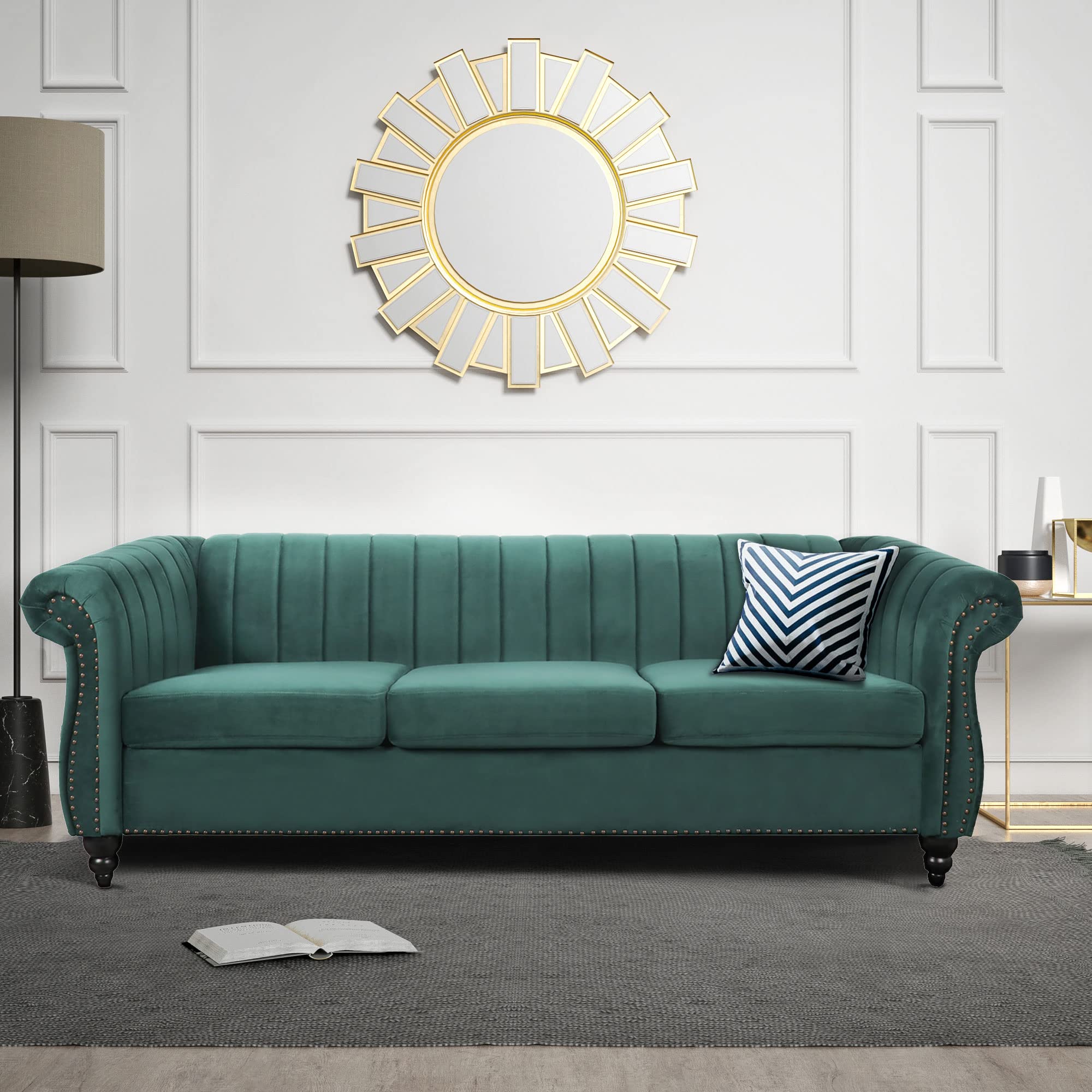 MIYZEAL Modern 3 Seater Tufted Couch, Velvet Chersterfield Sofa with Channel Back, Roll Arm Classic Settee Upholstered Couch for Living Room Office (Green)