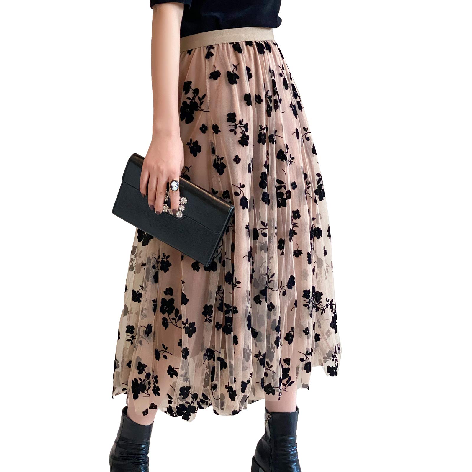 Women Tutu Tulle Skirt Elastic High Waist Layered Skirt Floral Print Mesh A-Line Midi Skirt