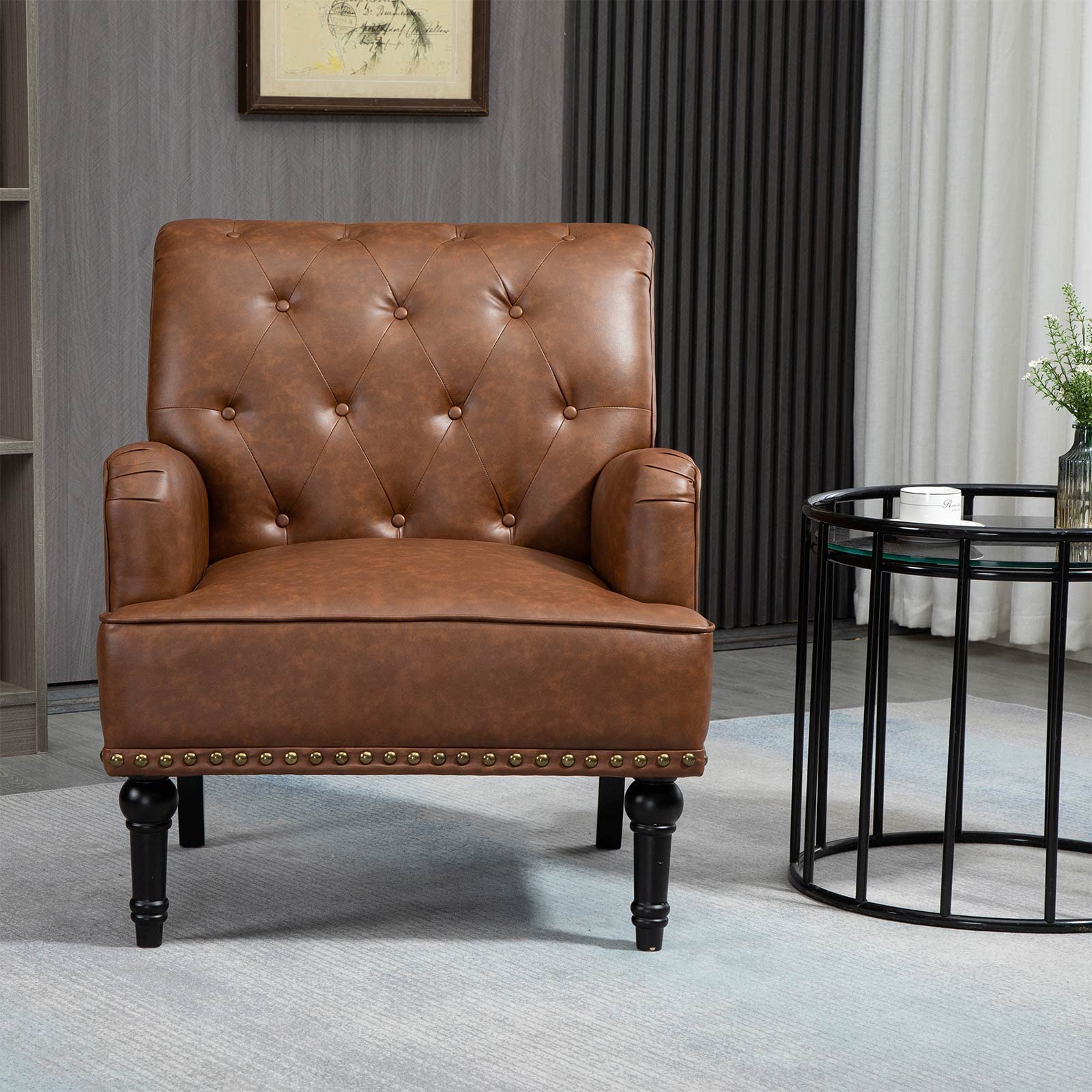 MOJAY Mid-Century PU Leather Accent Chair, Living Room Lounge Sofa Chair with Black Painted Rubber Wood Feet, Single Club Armchair with Rivet Trim for Bedroom Home Reception (Brown)
