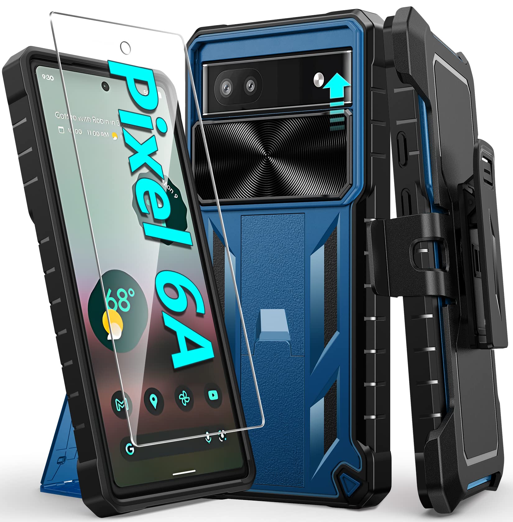 FNTCASE for Google Pixel 6a Case: Military Grade Drop Proof Protective Rugged Cell Phone Cover with Belt-Clip Holster Kickstand | Shockproof TPU Matte Textured Bumper Heavy Duty Protection - Blue