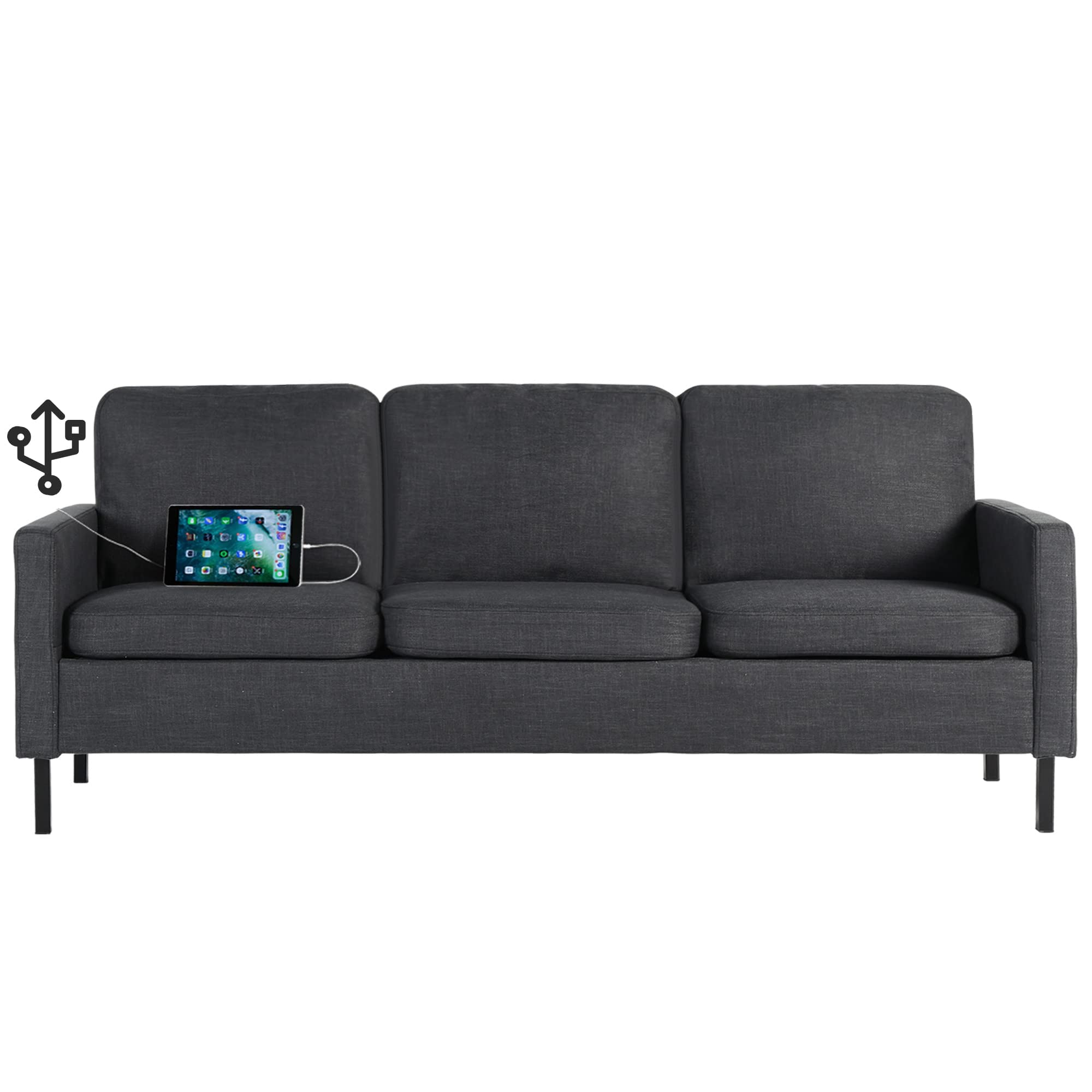 STHOUYN 72" W Fabric 3 Seater Couch with 2 USB, Comfortable Sectional Couches and Sofas for Living Room Bedroom Office Small Space, Easy Assembly & Comfy Cushion (72" 3-Seater Sofa, Dark Grey)