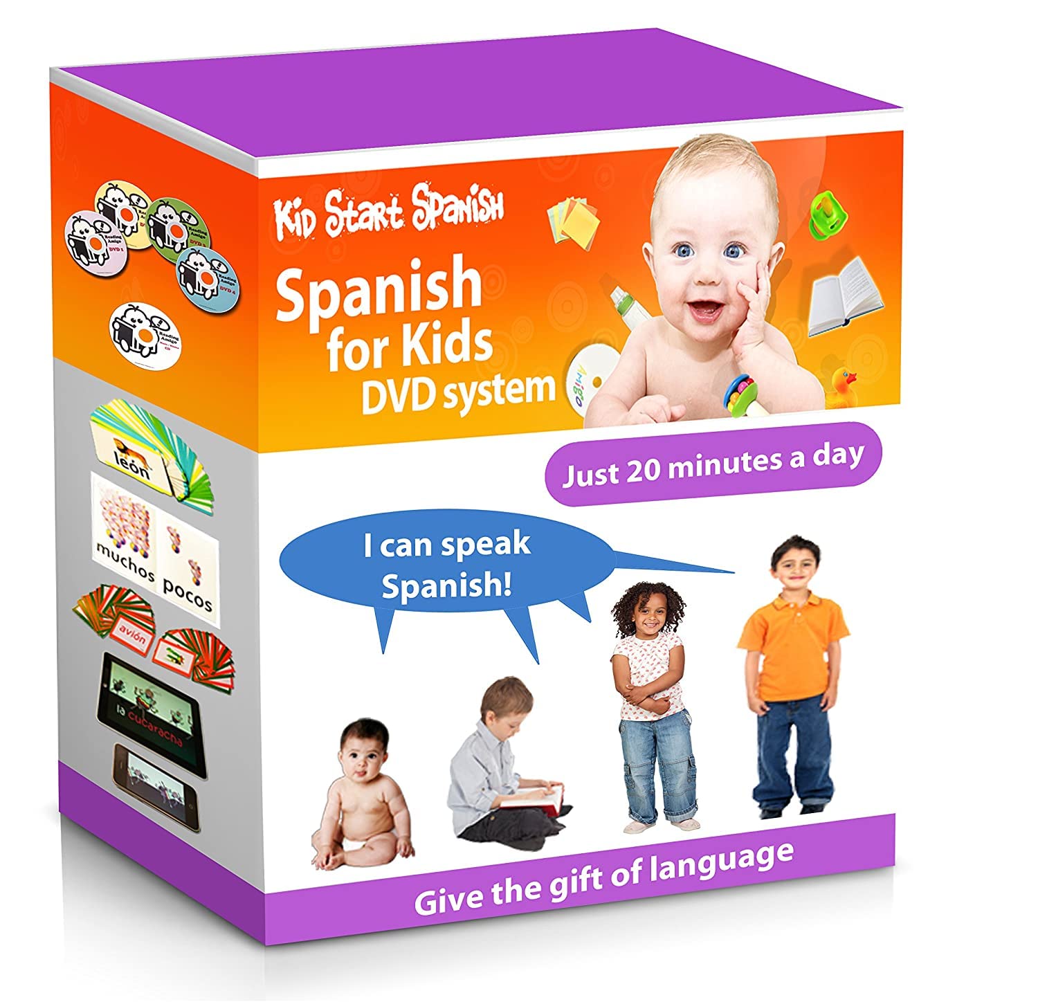 SPANISH FOR KIDS: Early Language Learning System (Spanish in just 20 minutes) Kid Start Spanish - 4 DVDs + Music CD + Large Book + 50 Flashcards + Games + Apps included.