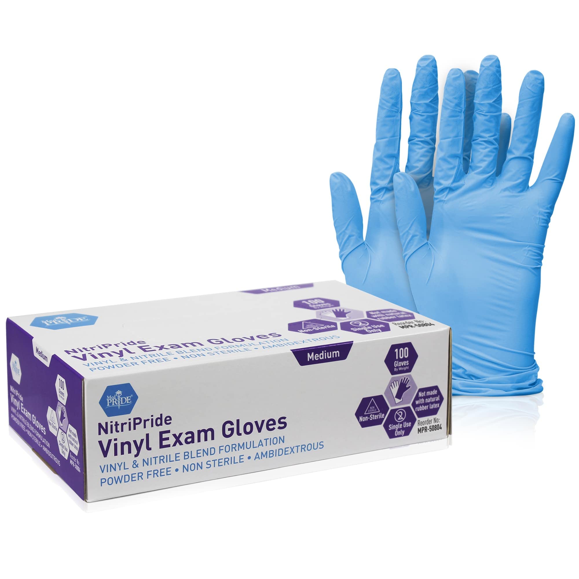 Med PRIDE NitriPride Nitrile-Vinyl Blend Exam Gloves, Medium 100 - Powder Free, Latex Free & Rubber Free - Single Use Non-Sterile Protective Gloves for Medical Use, Cooking, Cleaning & More