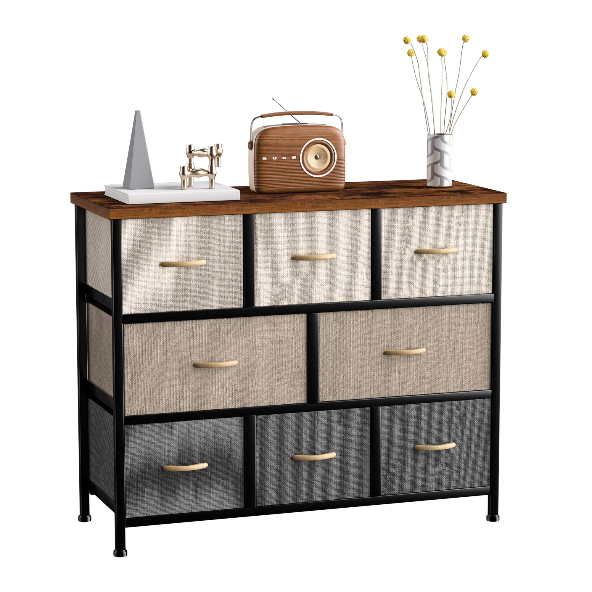 8 Drawer Dresser Organizer Fabric Storage Chest for Bedroom, Hallway, Entryway, Closets, Nurseries，Furniture Storage Tower Sturdy Steel Frame, Wood Top, Removable Fabric Bins (Cream)