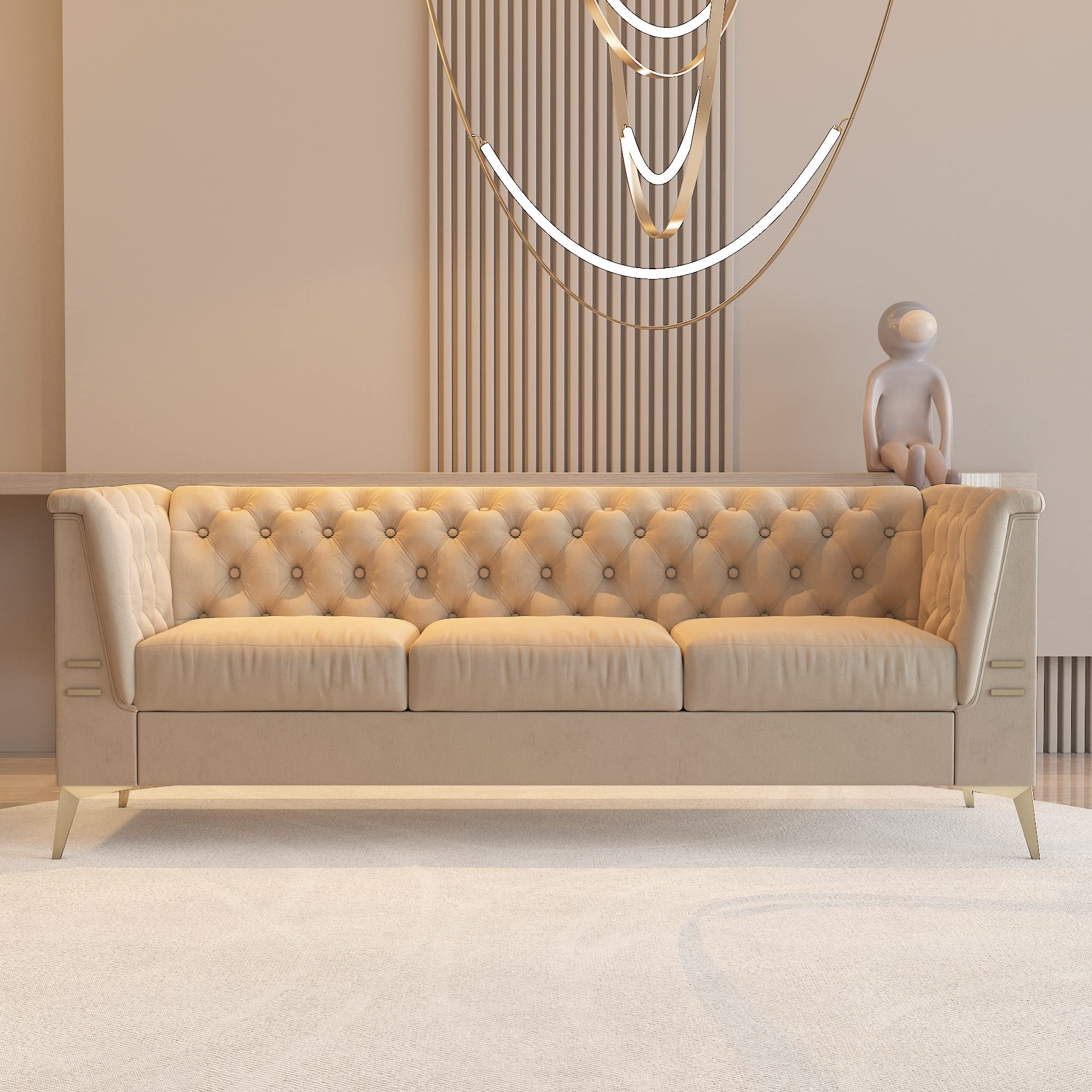 WILLIAMSPACE Chesterfield Sofa 3 Seater Khaki Couches Upholstered Tufted Velvet Sectional Sofa for Living Room/Office/Apartment