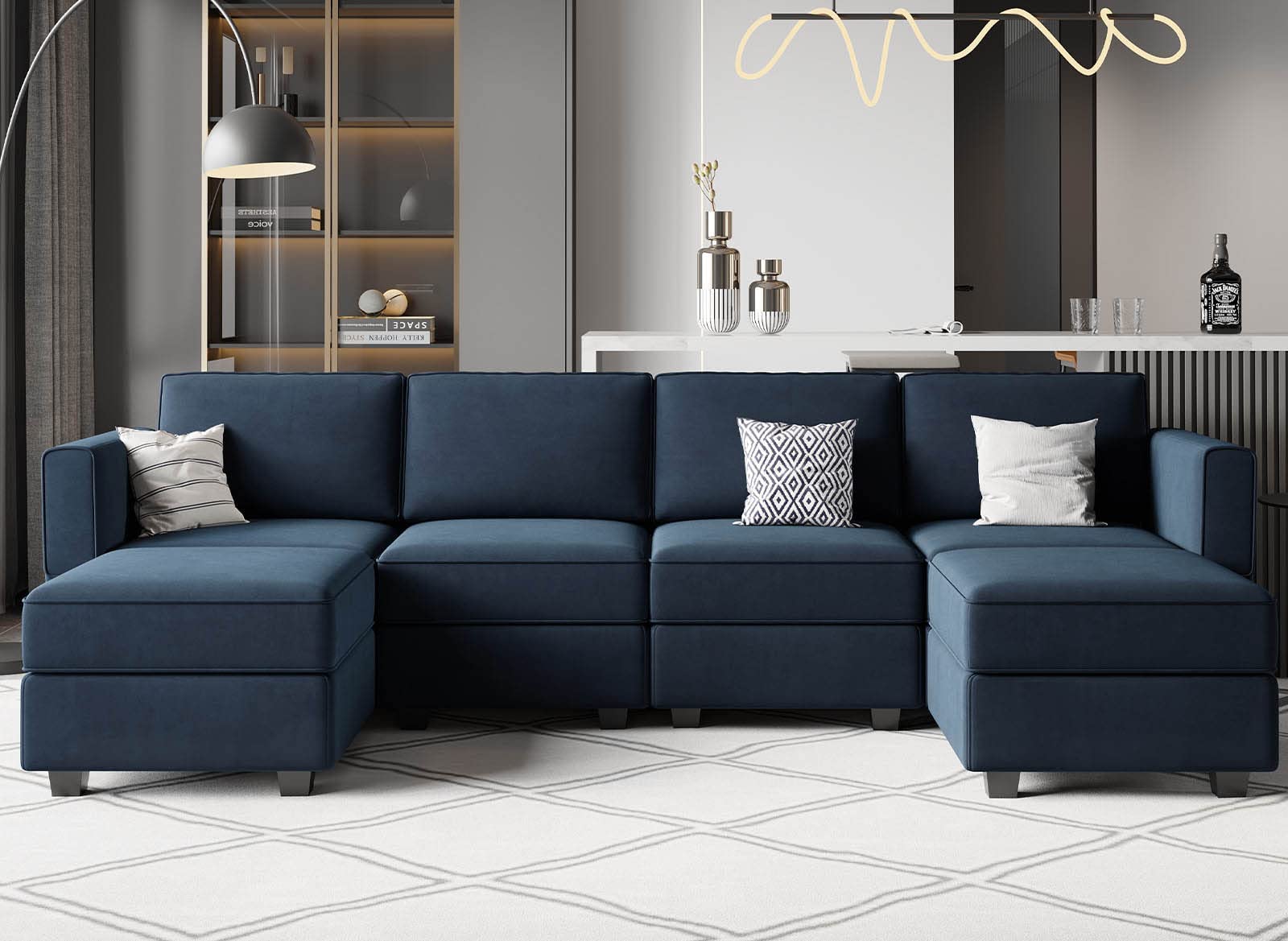 Belffin Modular Sectional Sofa U Shaped Velvet Couch with Reversible Chaise Modular Oversized Couch Sectional Sofa with Ottoman Blue