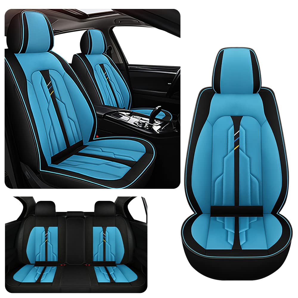 VECOZA Car Seat Cover for Fiat 500 2012-2019, Durable Wear Resistant Waterproof Sports Seat Cover, Breathable Premium Leather Vehicle Interior Accessories.(5 Seats Standard/Black Blue)