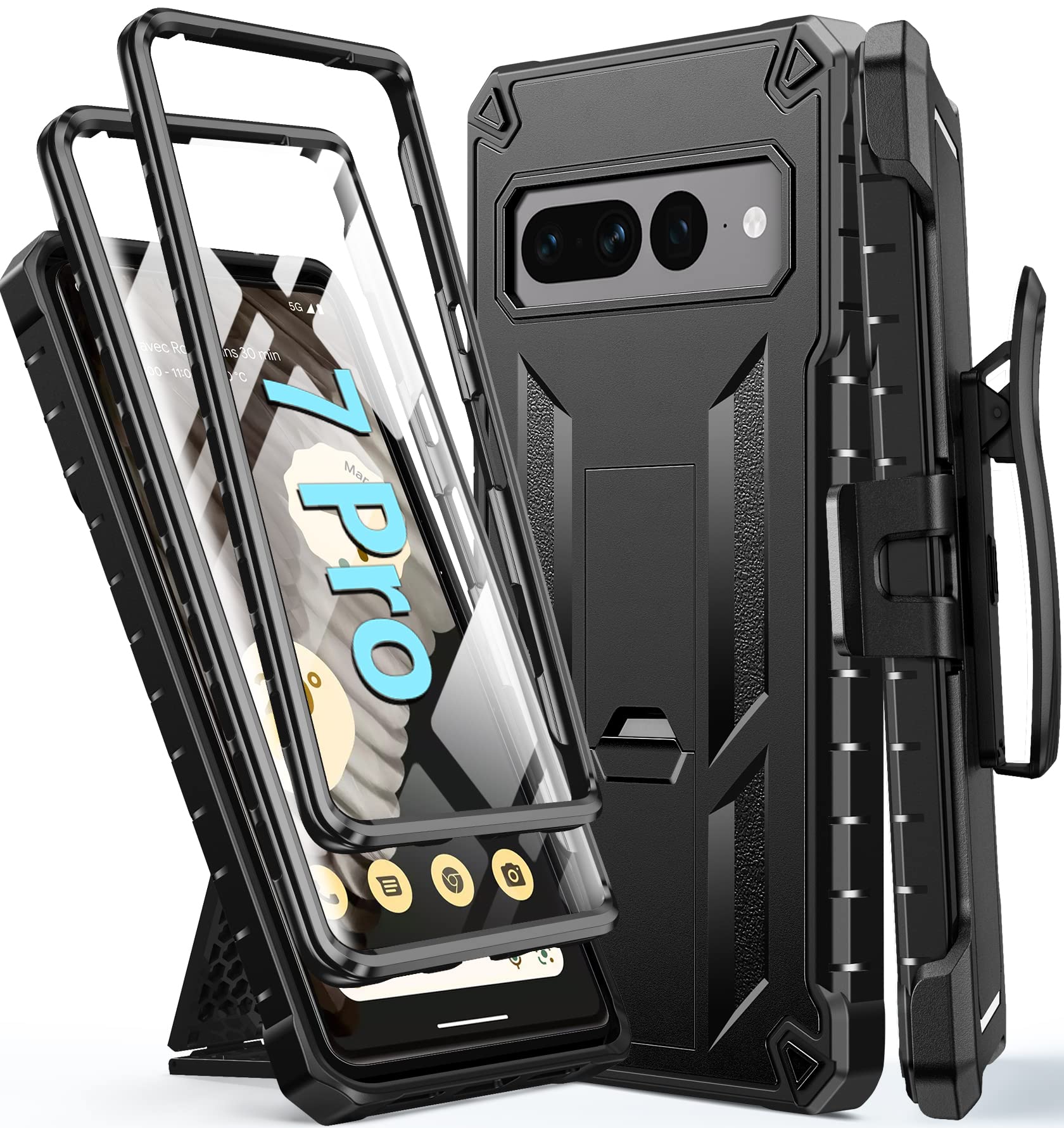 for Google Pixel 7-Pro Phone Case: Military Grade Drop Proof Cell Phone Cover with Kickstand & Holster | Rugged Shockproof TPU Protective Textured Tough Mobile Phone Bumper (Plain Black)