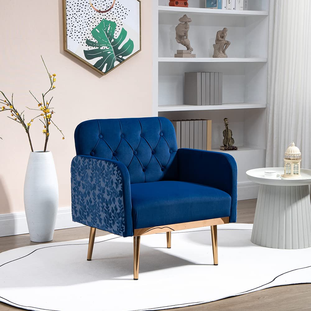 WILLIAMSPACE Velvet Accent Chair for Living Room, Modern Upholstered Lounge Armchair Single Sofa Chair with Rose Gold Metal Trim, Tufted Bedroom Chair for Reading or Lounging - Navy Blue