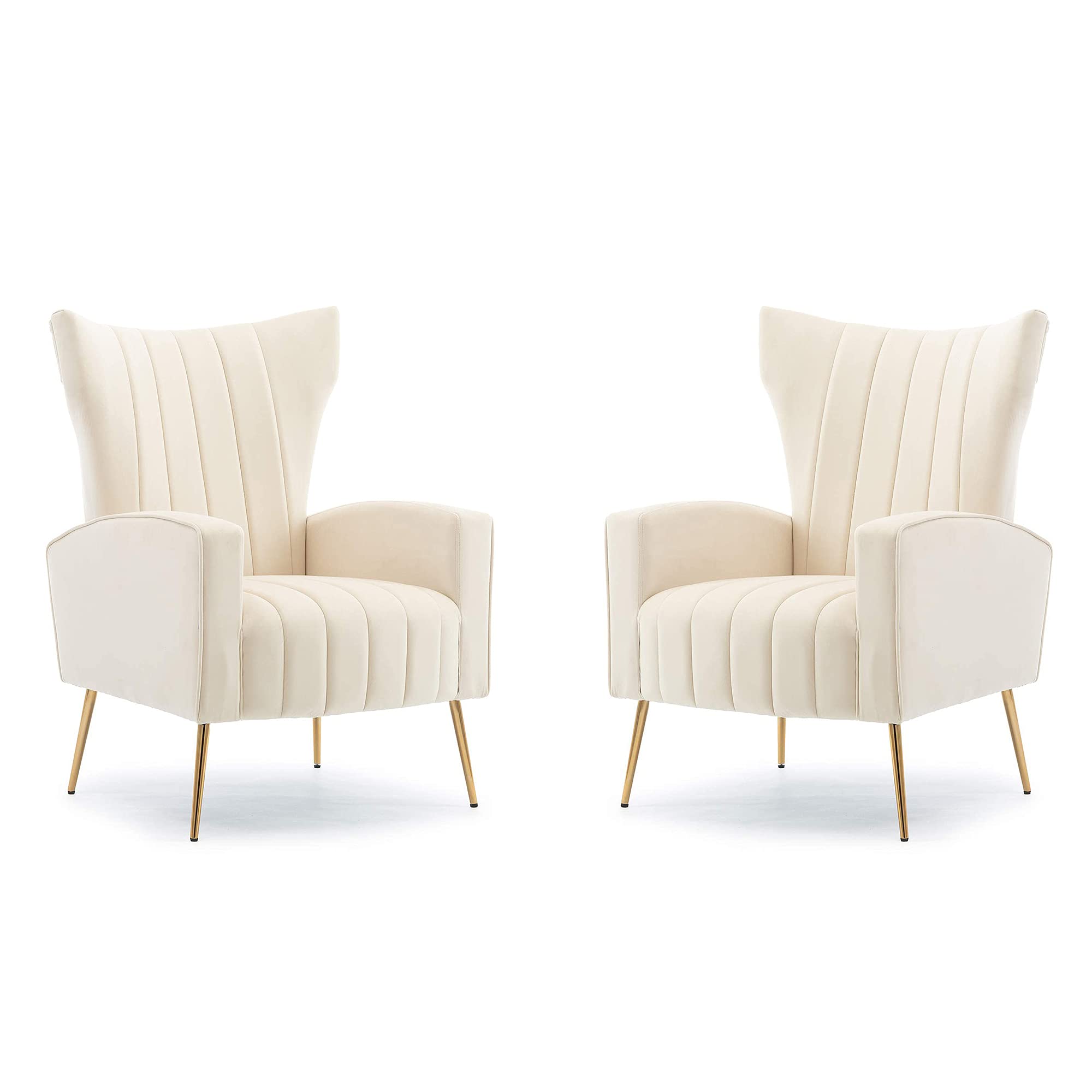 HOMEFUN Accent Chair Set of 2, Velvet Wingback Armchair Modern Upholstered Single Sofa with Metal Legs for Living Room Bedroom Nursery, Beige