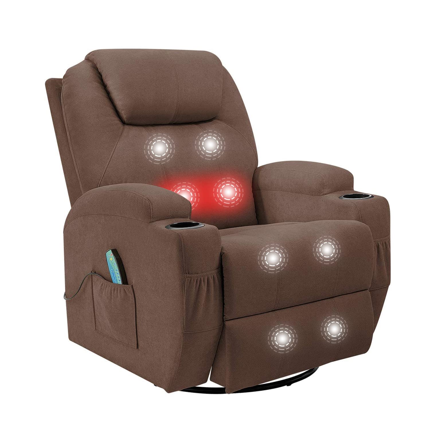 Flamaker Rocking Chair Recliner Chair with Massage and Heating 360 Degree Swivel Ergonomic Lounge Chair Classic Single Sofa with 2 Cup Holders Side Pockets Living Room Chair Home Theater Seat (Brown)