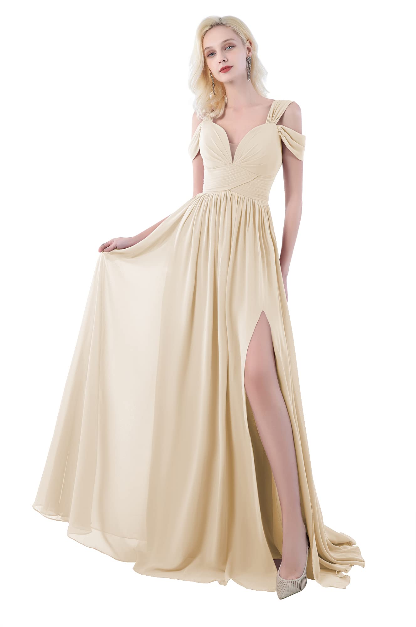 Women's Off The Shoulder Long Bridesmaid Dresses with Slit Pleated Chiffon Evening Prom Formal Gown