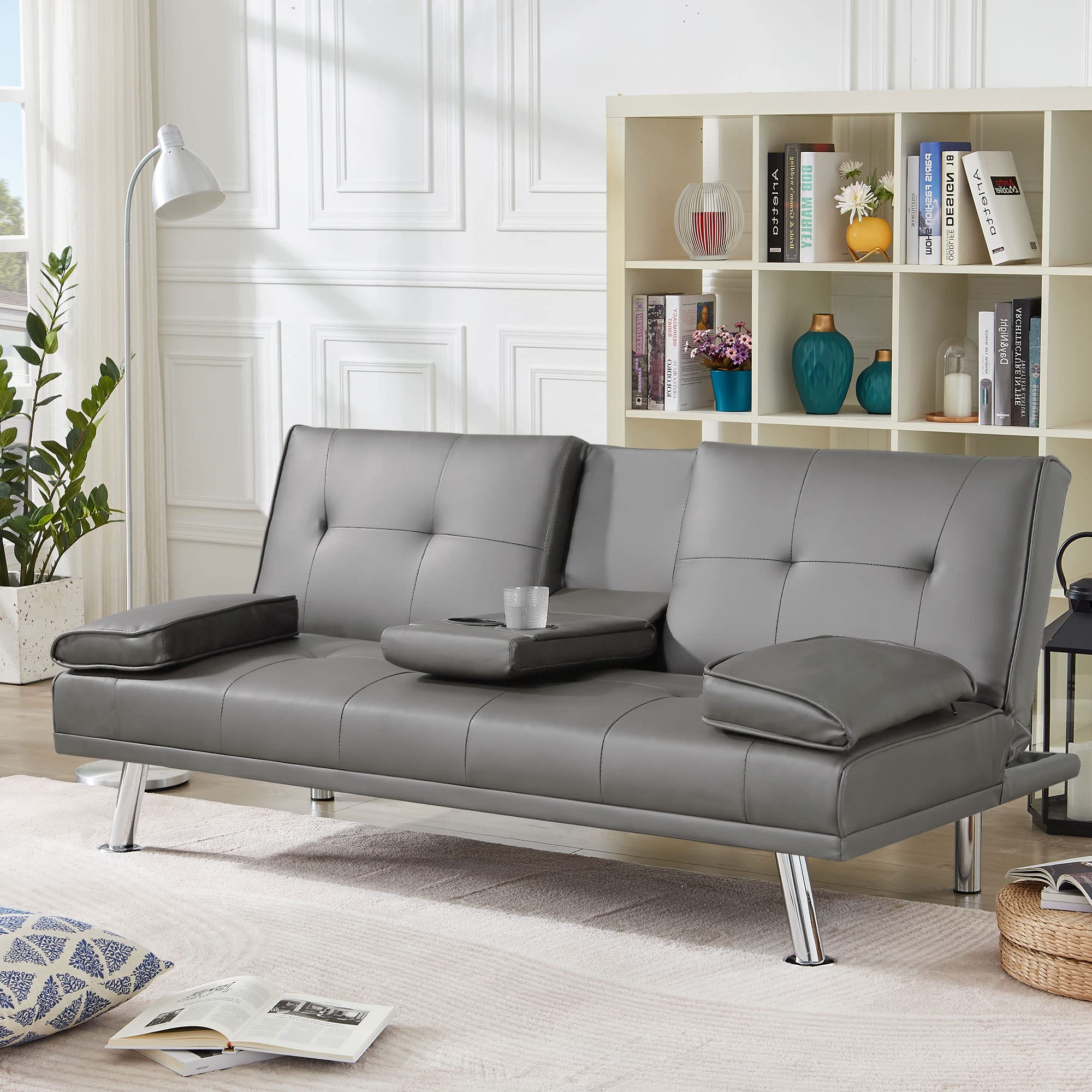 DKLGG Modern Futon Sofa Bed, Faux Leather Upholstered Sofa Couch, Convertible Sleeper Sofa with Removable Armrests 2 Cup Holders Couch Sofa Sleeper for Small Space, Home, Living Room, Apartment, Gray