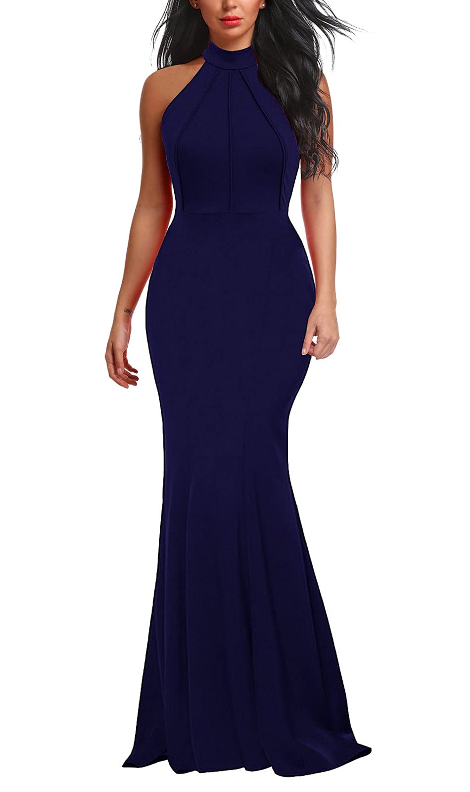 Women's Elegant Chic Halter Neck Sleeveless Solid Stretchy Wedding Guest Mermaid Long Evening Dress