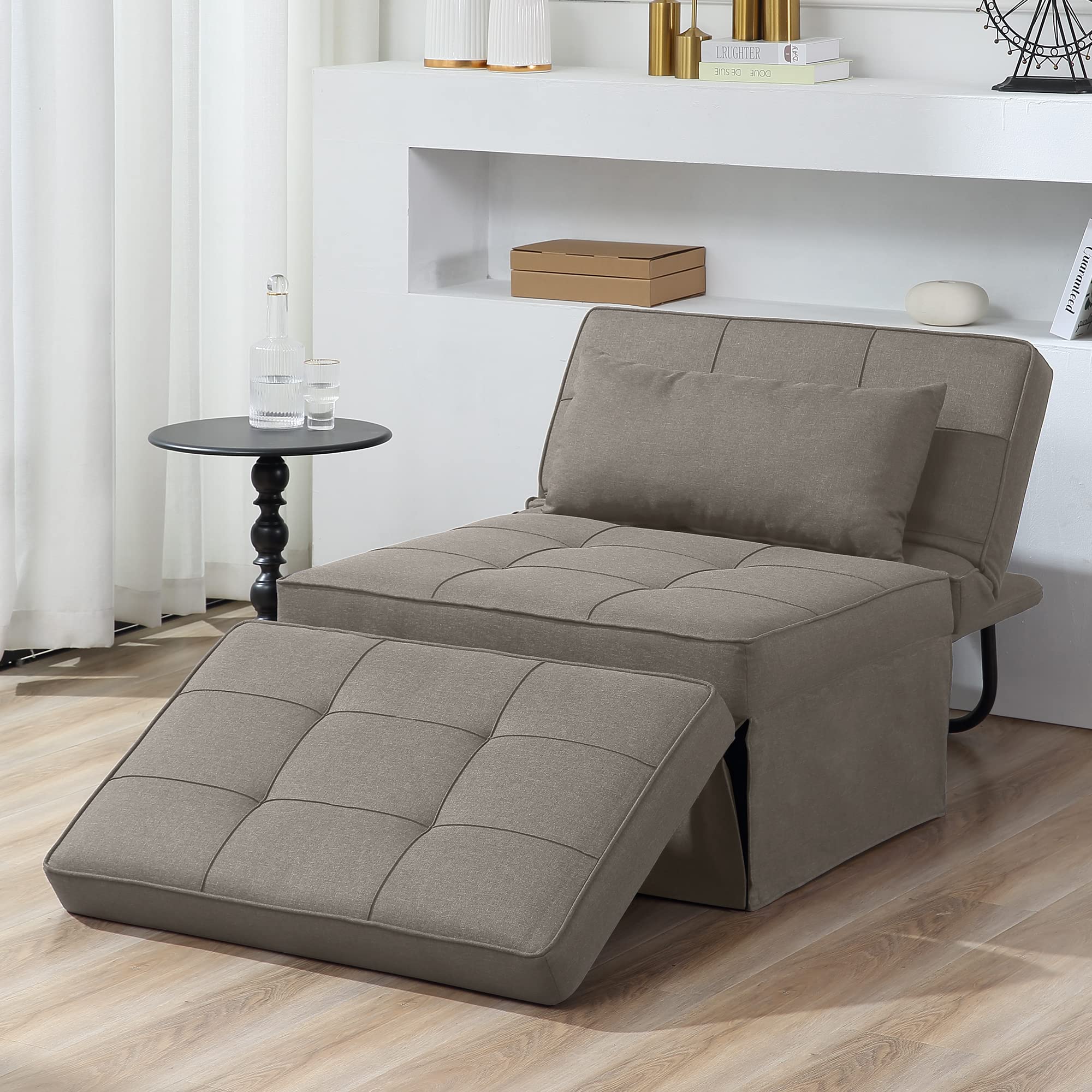 Sofa Bed, 4 in 1 Multi-Function Folding Ottoman Breathable Linen Couch Bed with Adjustable Backrest Modern Convertible Chair for Living Room Apartment Office,Khaki