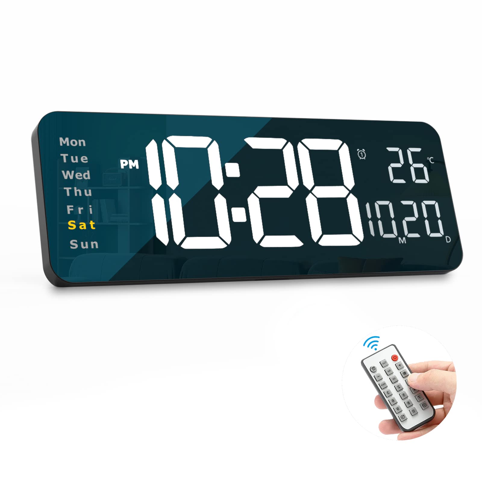 YISILE Digital Wall Clock Large Display, 16.2" Large Digital Wall Clock with LED Display Remote Control, Automatic Brightness Dimmer Big Clock with Date Week Temperature（White）