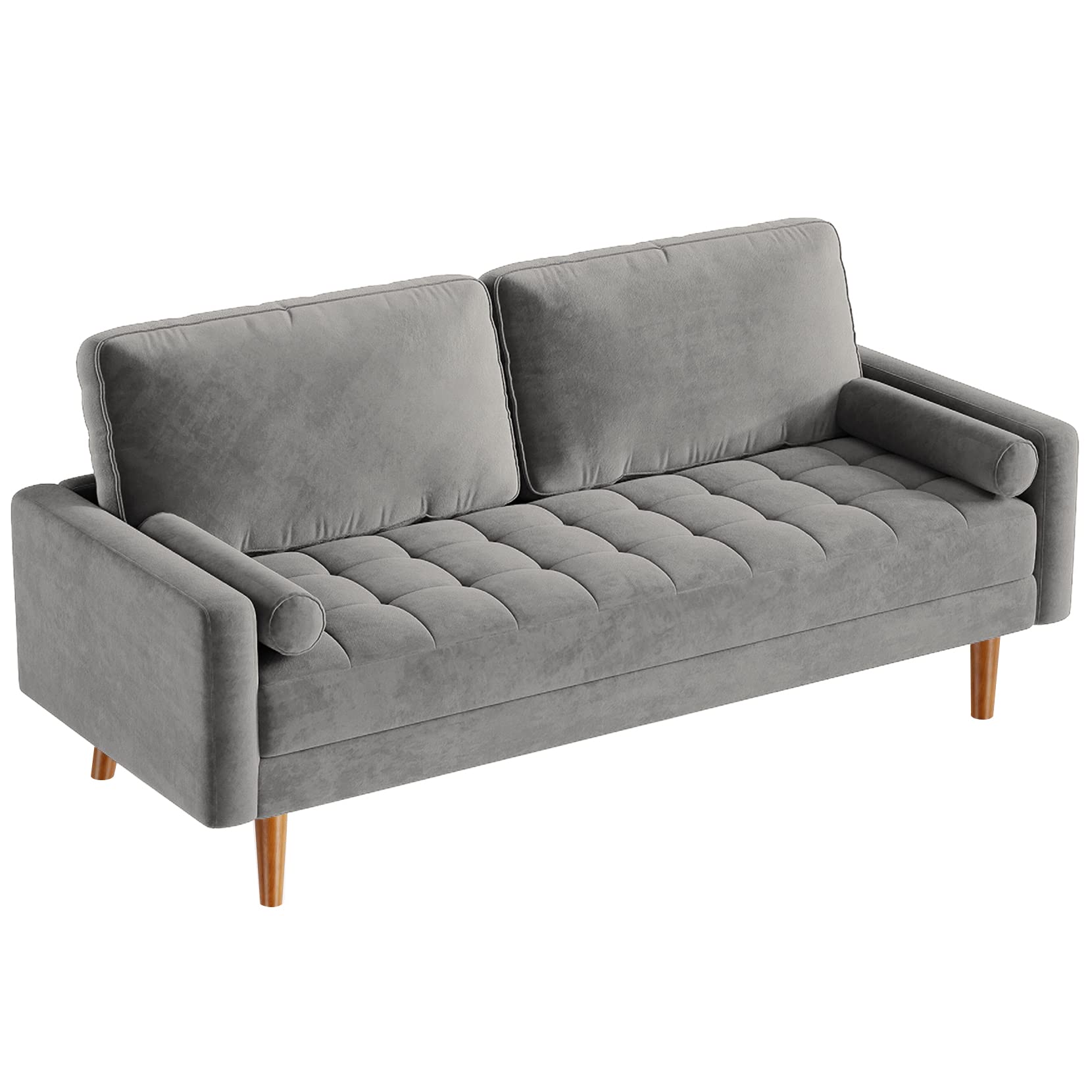 Vesgantti Grey Couches for Living Room 69 inch, Mid Century Modern Velvet Love Seats Sofa with 2 Bolster Pillows, Upholstered 3-Seater Loveseat w/Armrest for Bedroom, Apartment, Home Office