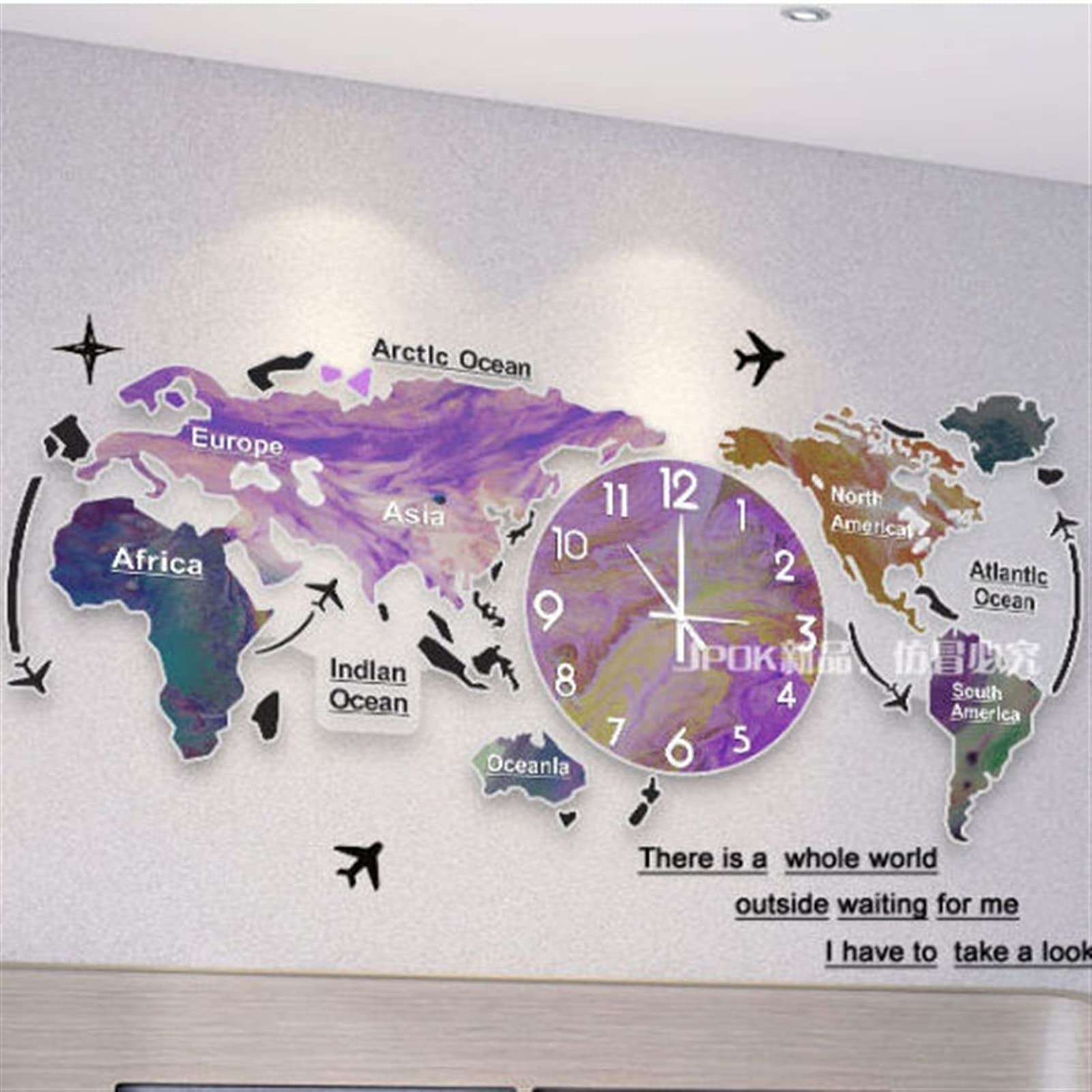 DEYUCHANG World Map Wall ClockFashion Nordic Clock Home Decoration Clock Modern Design 3D Digital Hanging Clock Ultra Quiet Acrylic Wall Watch (Color : Purple, Size : XXL)