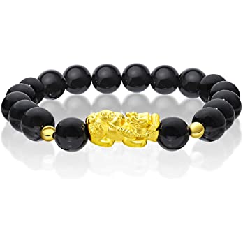          Chow Tai Fook 999 24K Gold Mini Gold Balls with Pixiu and Agate Marbles Bracelet for Men (Black)        
