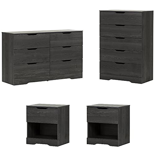 Home Square 4 Piece Modern Bedroom Furniture Set / 6 Drawers Double Dresser / 5 Drawers Tall Dresser / 2 Nightstands with Drawer and Shelf/Distressed Grey Oak