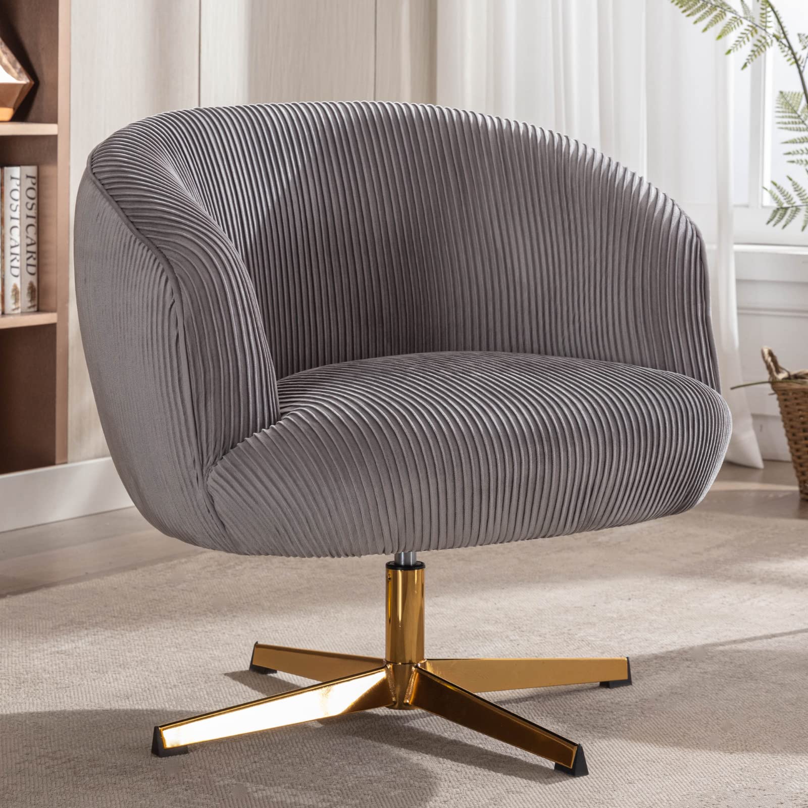 LukeAlon Modern Swivel Single Sofa Chair, Contemporary Velvet Living Room Chair with Metal Base Leisure Round Back Accent Chair Elegant Barrel Chair for Bedroom Office, Grey