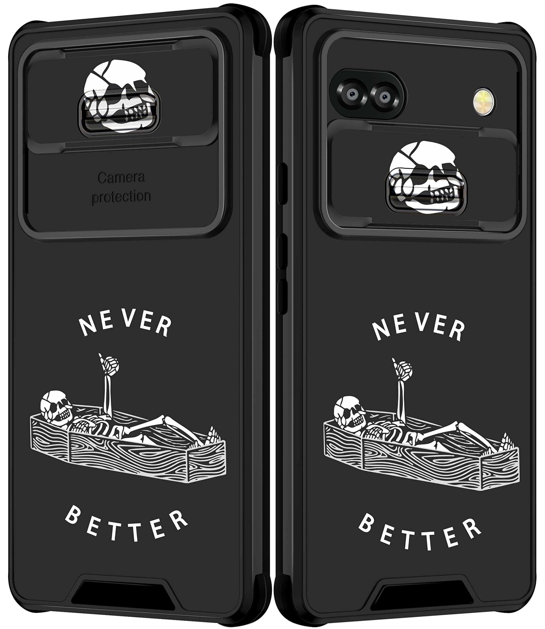 Goocrux for Google Pixel 6A Case Skeleton Gothic for Women Girls Cute Skull Phone Cover Funny Ghost Horror Goth Design with Slide Camera Cover Never Better Spooky Cases for Pixel 6A 5G 6.1 inch