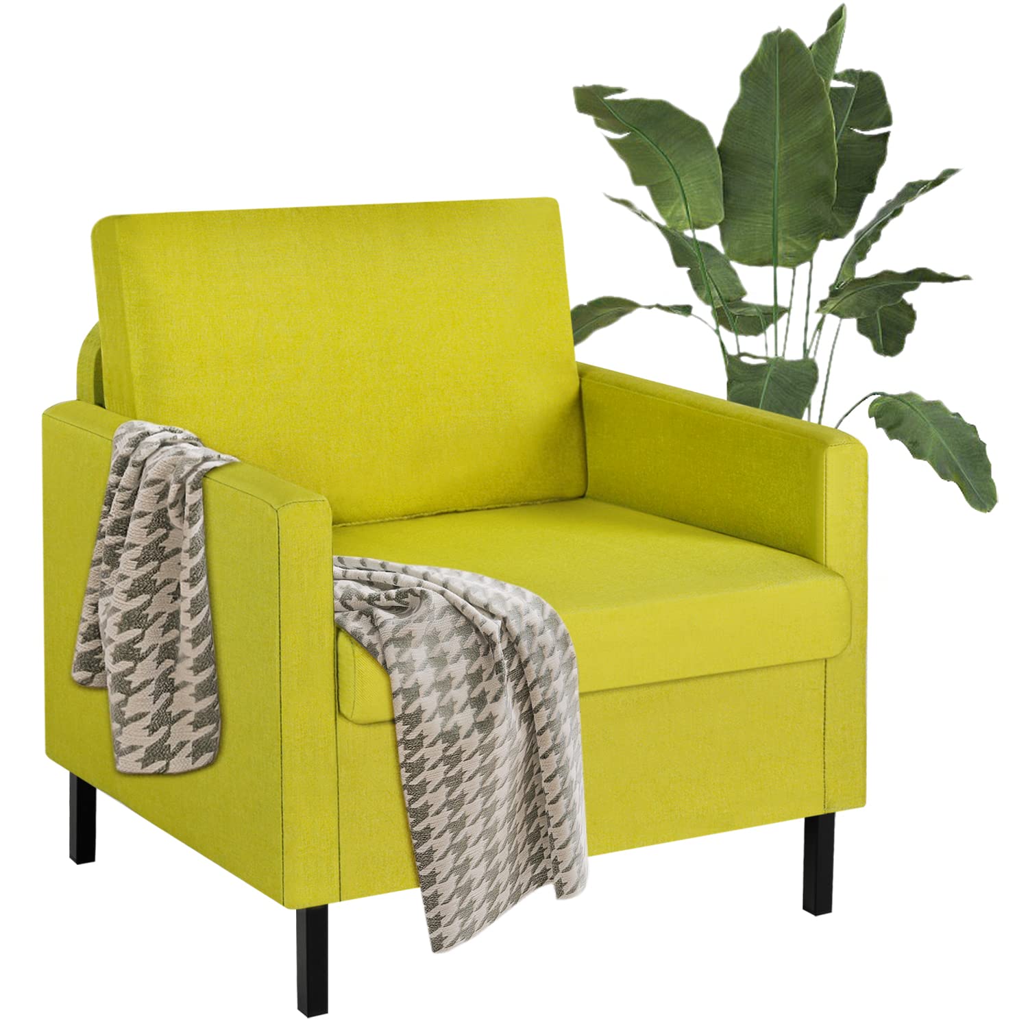 TYBOATLE Modern Upholstered Living Room Single Sofa Chair, Linen Fabric Accent Arm Chairs with Metal Legs, Comfy Reading Lounge Armchair for Small Spaces, Apartment, Bedroom, Office (Green)