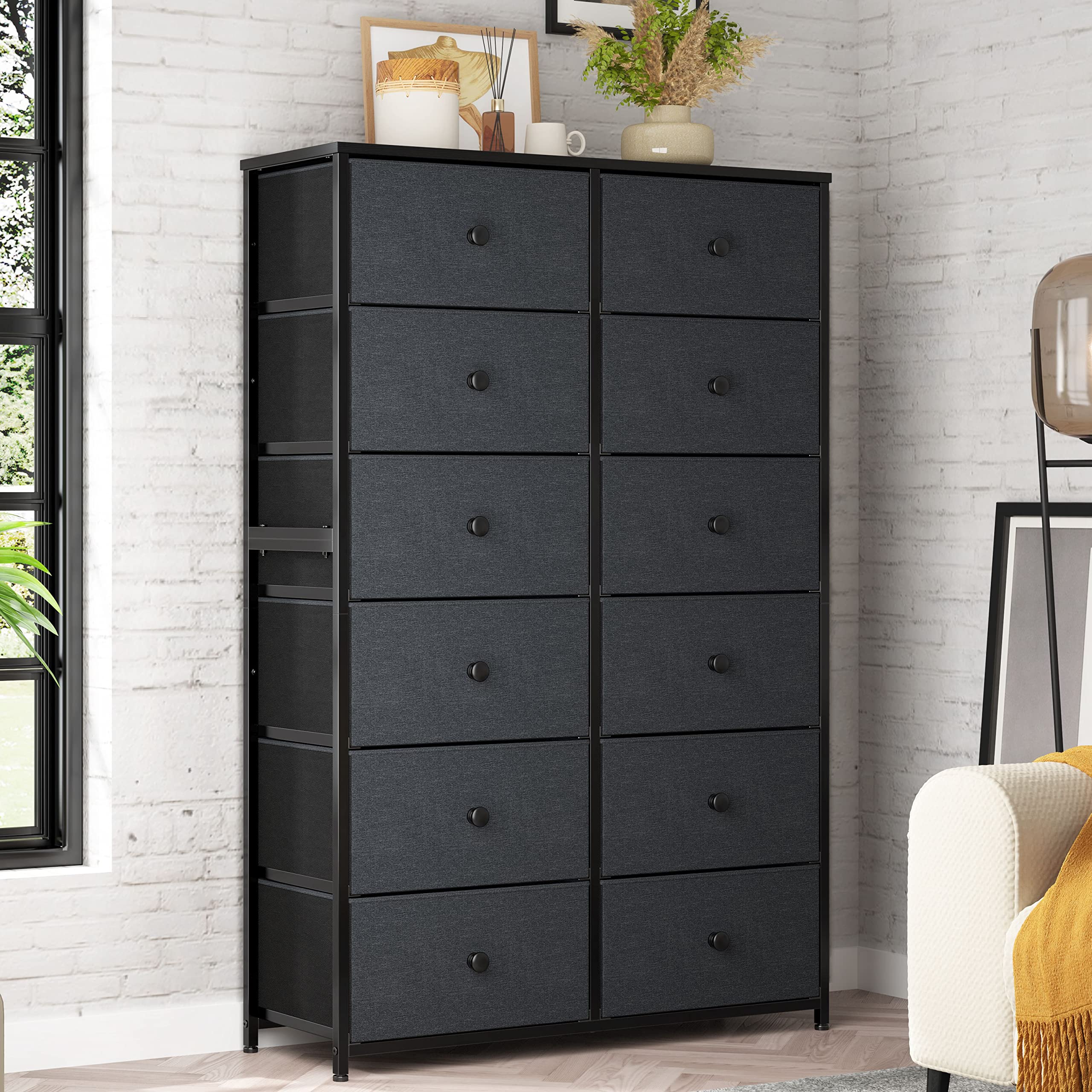 EnHomee Tall Dresser for Bedroom, Fabric Drawer Dresser with 12 Drawers, Chest of Drawers with Wooden Top and Sturdy Metal Frame, Dressers & Chests of Drawers,11.8" D x 34.7" W x 52.4" H, Dark Gray