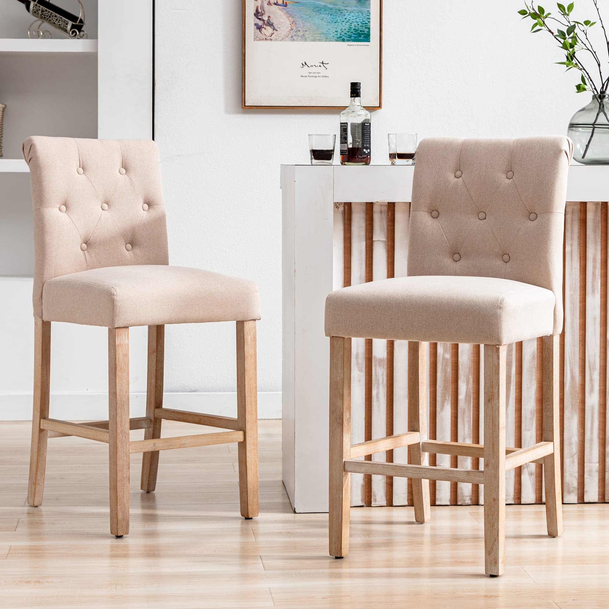 GOTMINSI 26" Counter Height Barstool , Upholstered Counter Stool with Button Tufted Decoration Leisure Style Counter Bar Stools Home Kitchen Island Wooden Bar Chairs(Set of 2), Beige