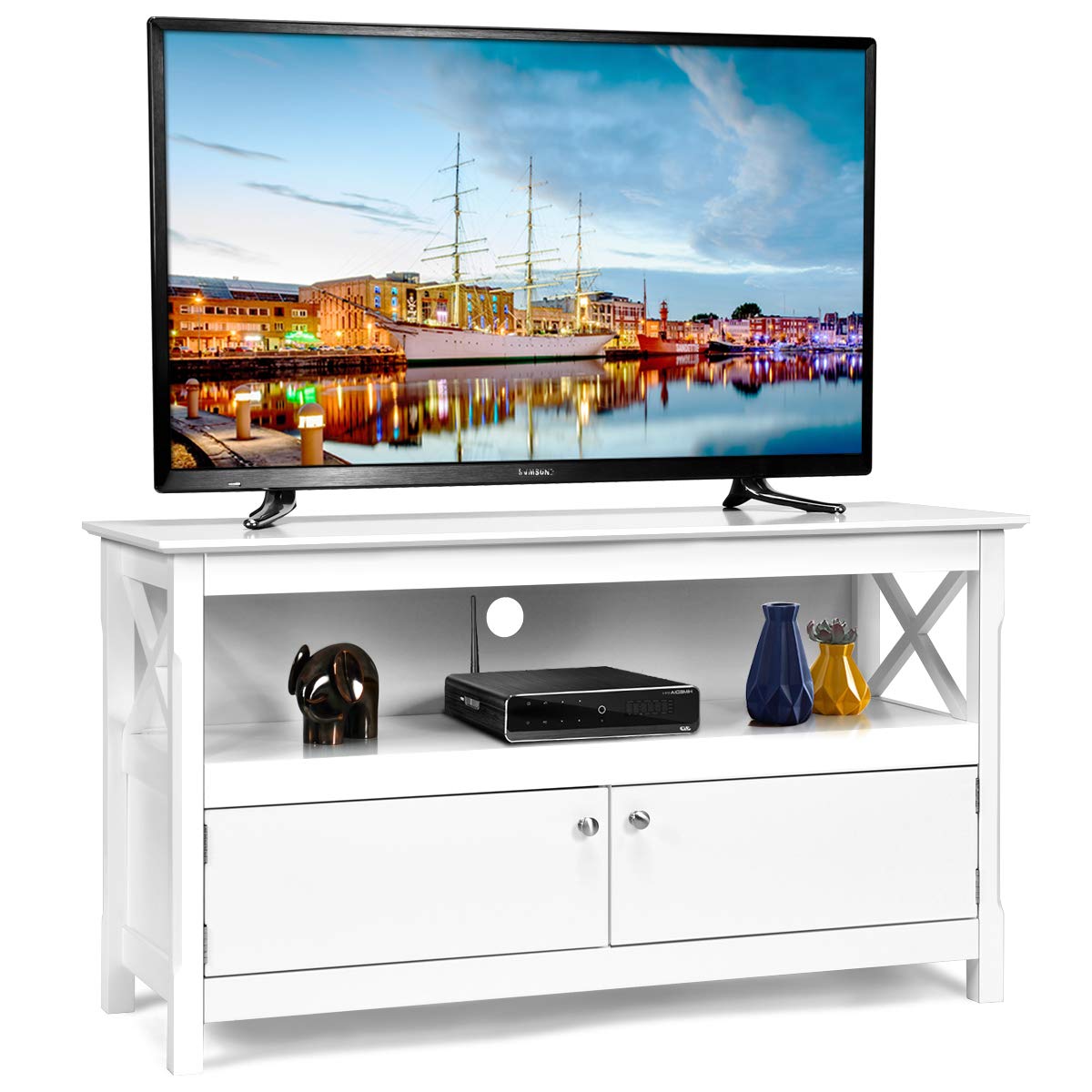 Tangkula Wooden TV Stand for TVs Up to 50 Inch, X Shape Console Storage Cabinet, Entertainment Center with 2 Doors & Shelf, Home Living Room Furniture, Farmhouse TV Storage Console (White)